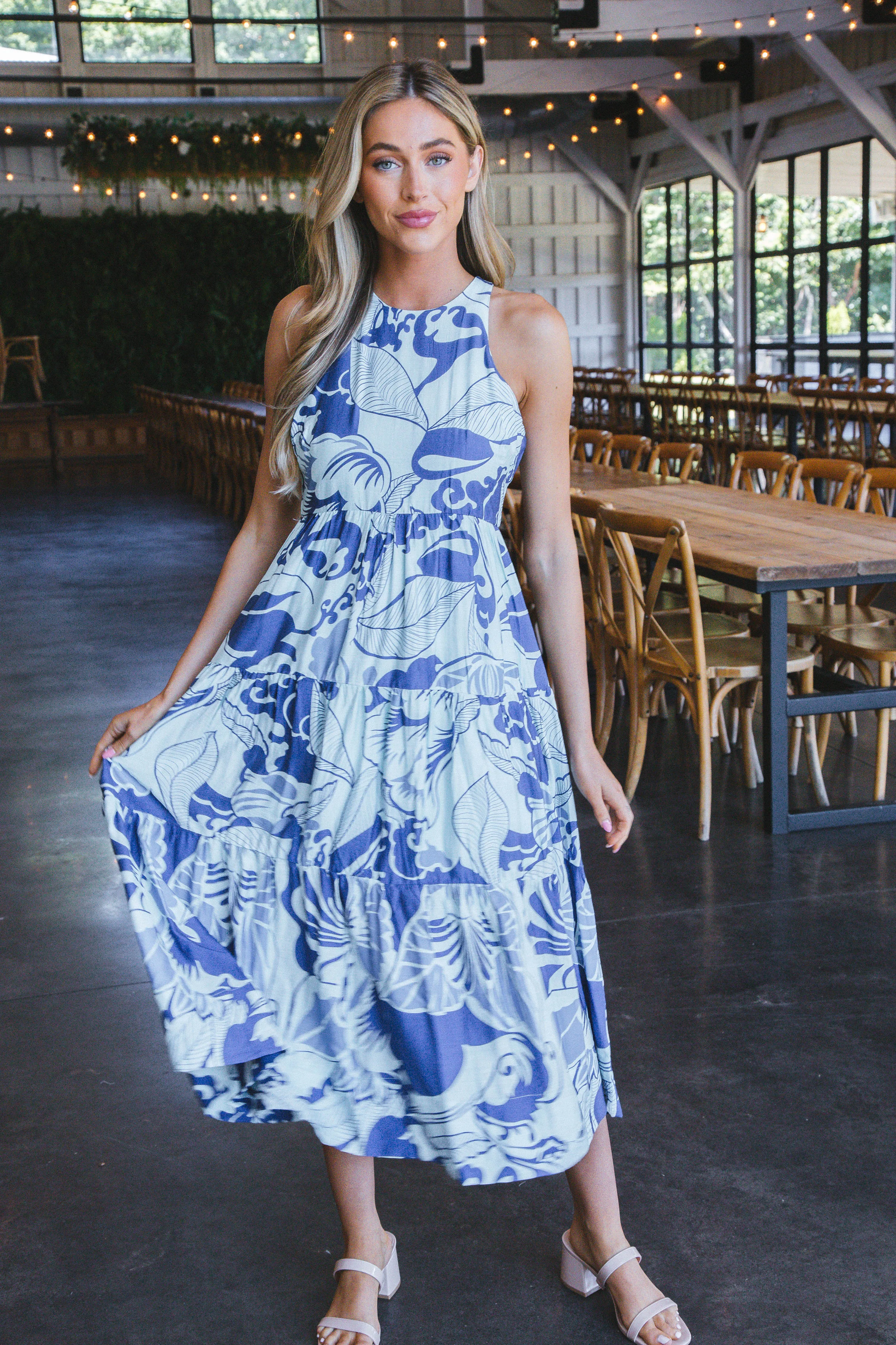 Athena Leaf Print Maxi Dress, Blue sold by North & Main Clothing Company