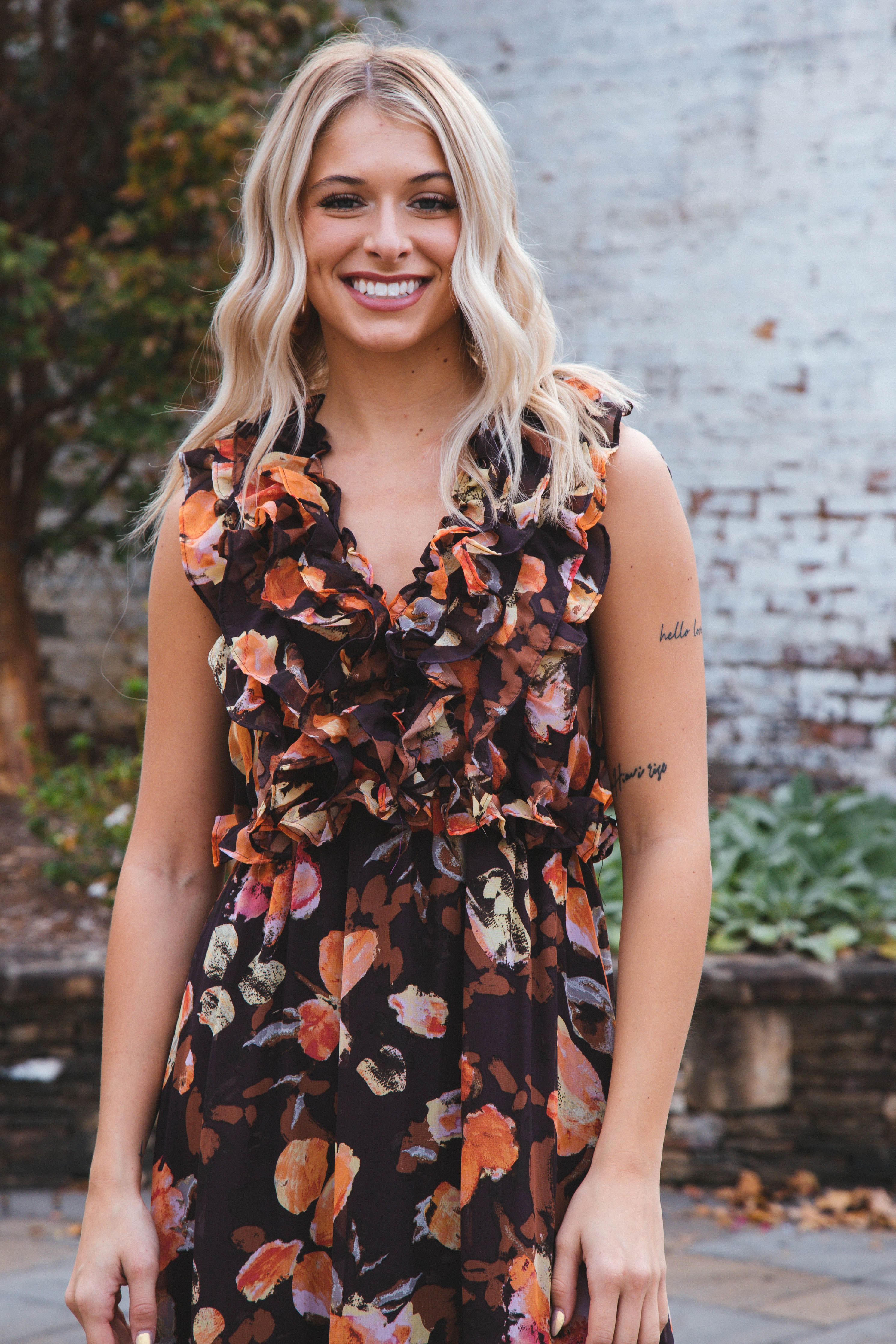 Irene Ruffled Tie Back Floral Sleeveless Maxi, Brown/Orange sold by North & Main Clothing Company product image thumbnail 2