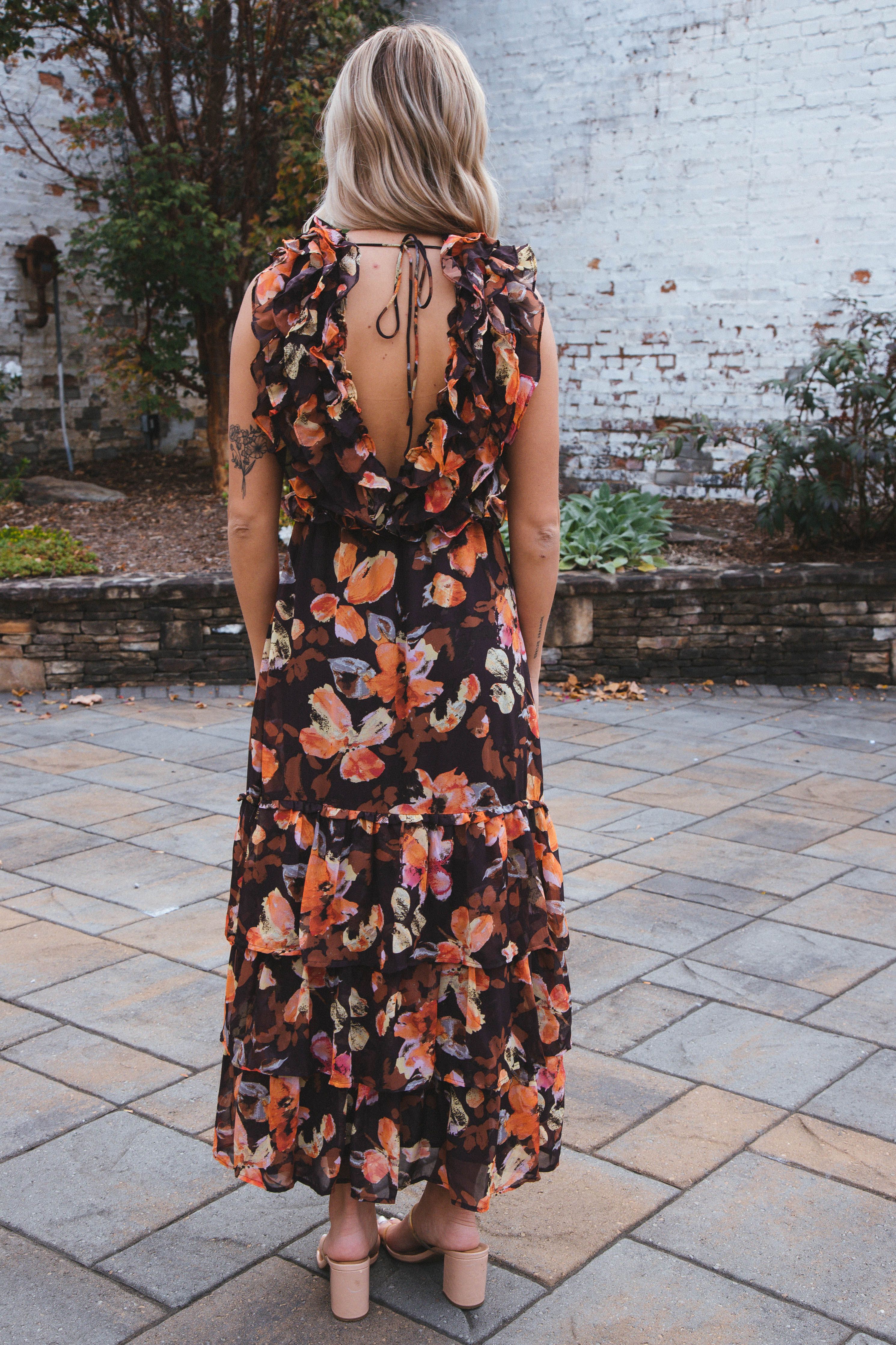 Irene Ruffled Tie Back Floral Sleeveless Maxi, Brown/Orange sold by North & Main Clothing Company product image thumbnail 5