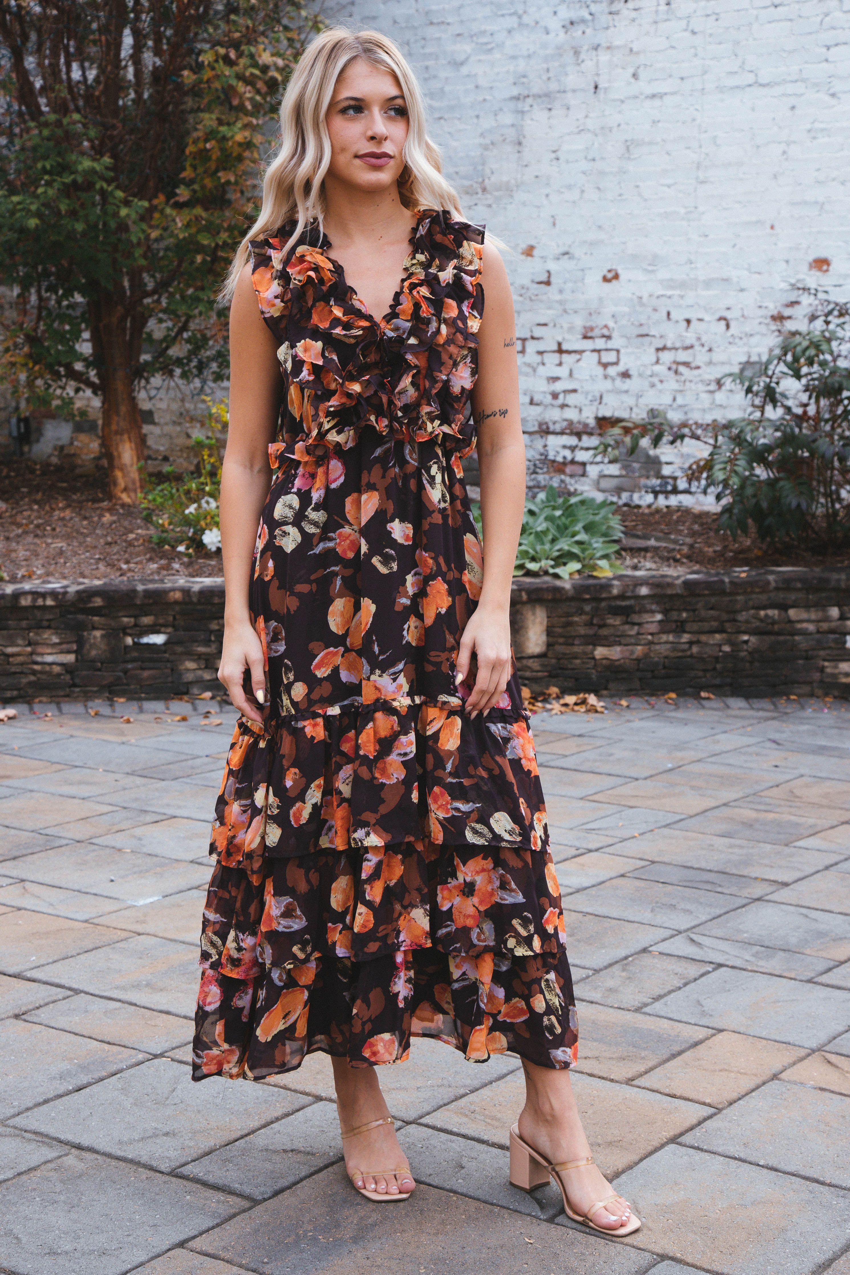 Irene Ruffled Tie Back Floral Sleeveless Maxi, Brown/Orange sold by North & Main Clothing Company product image thumbnail 4