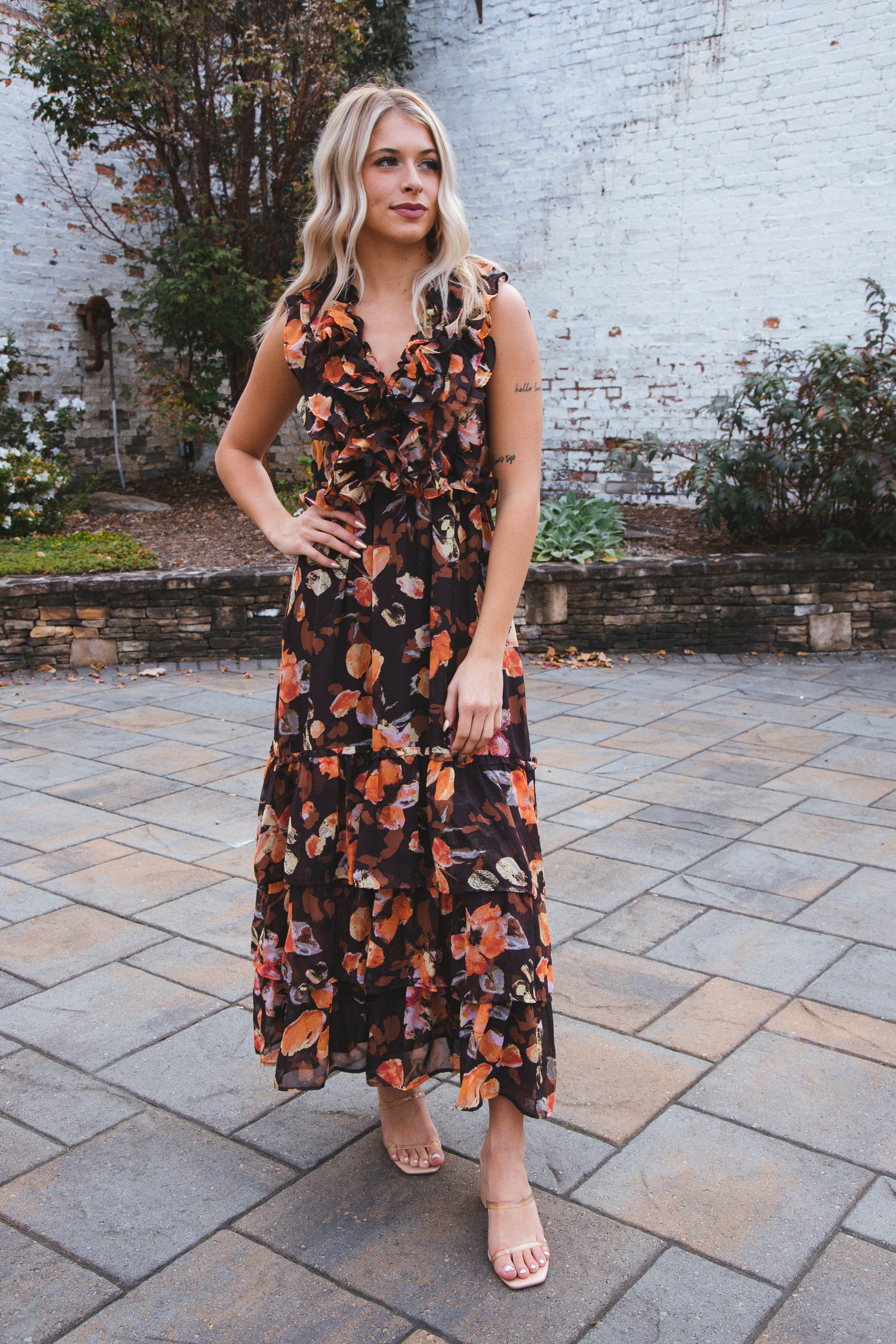 Irene Ruffled Tie Back Floral Sleeveless Maxi, Brown/Orange sold by North & Main Clothing Company