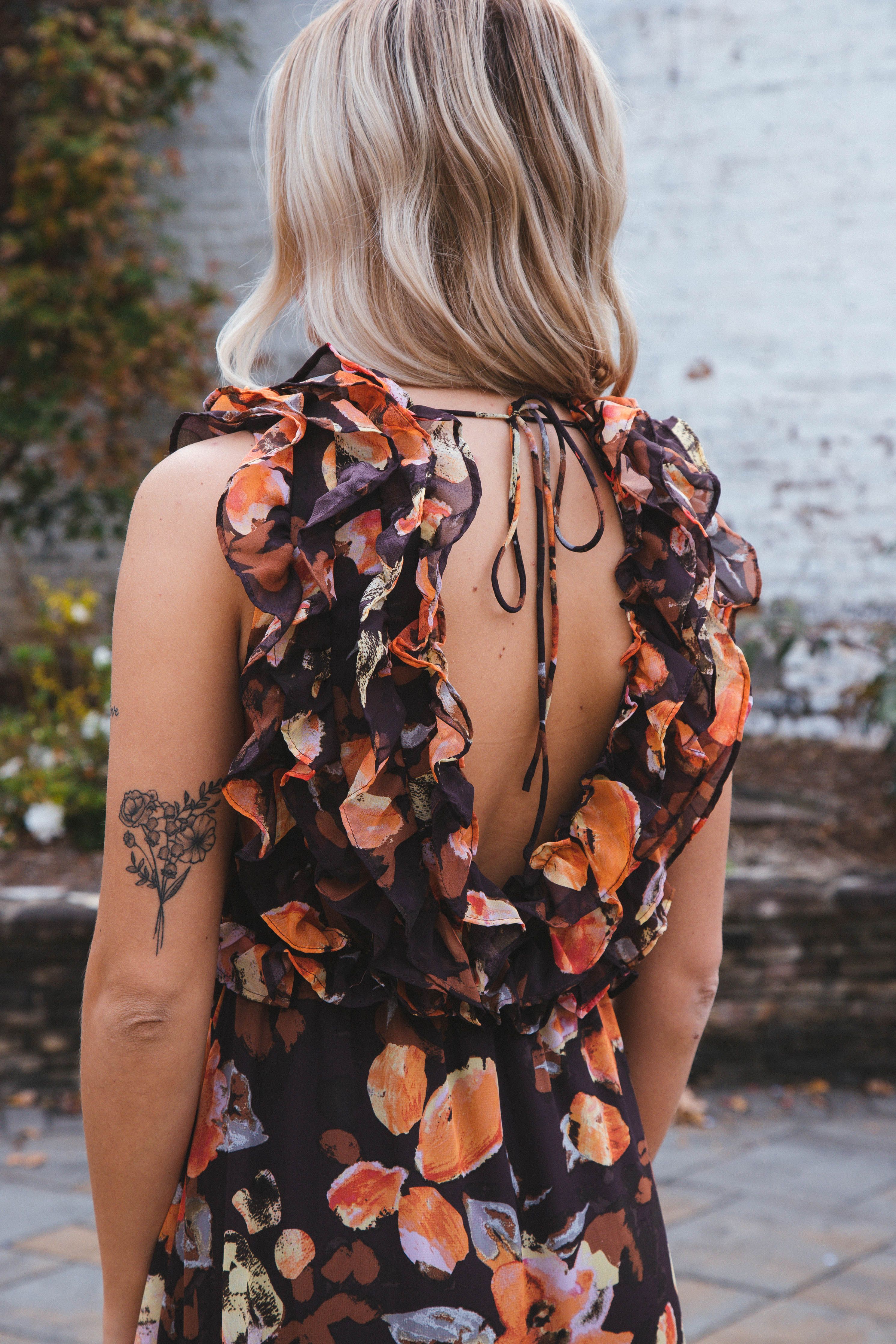 Irene Ruffled Tie Back Floral Sleeveless Maxi, Brown/Orange sold by North & Main Clothing Company product image thumbnail 3