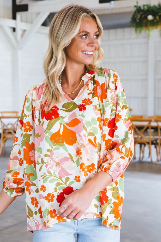 Raine Ruffle Neck Blouse, Natural | Extended Sizes sold by North & Main Clothing Company