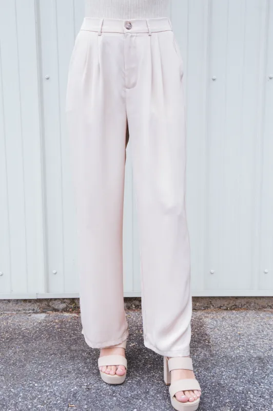 Florence Satin Pleated Wide Leg Trousers, Ecru sold by North & Main Clothing Company