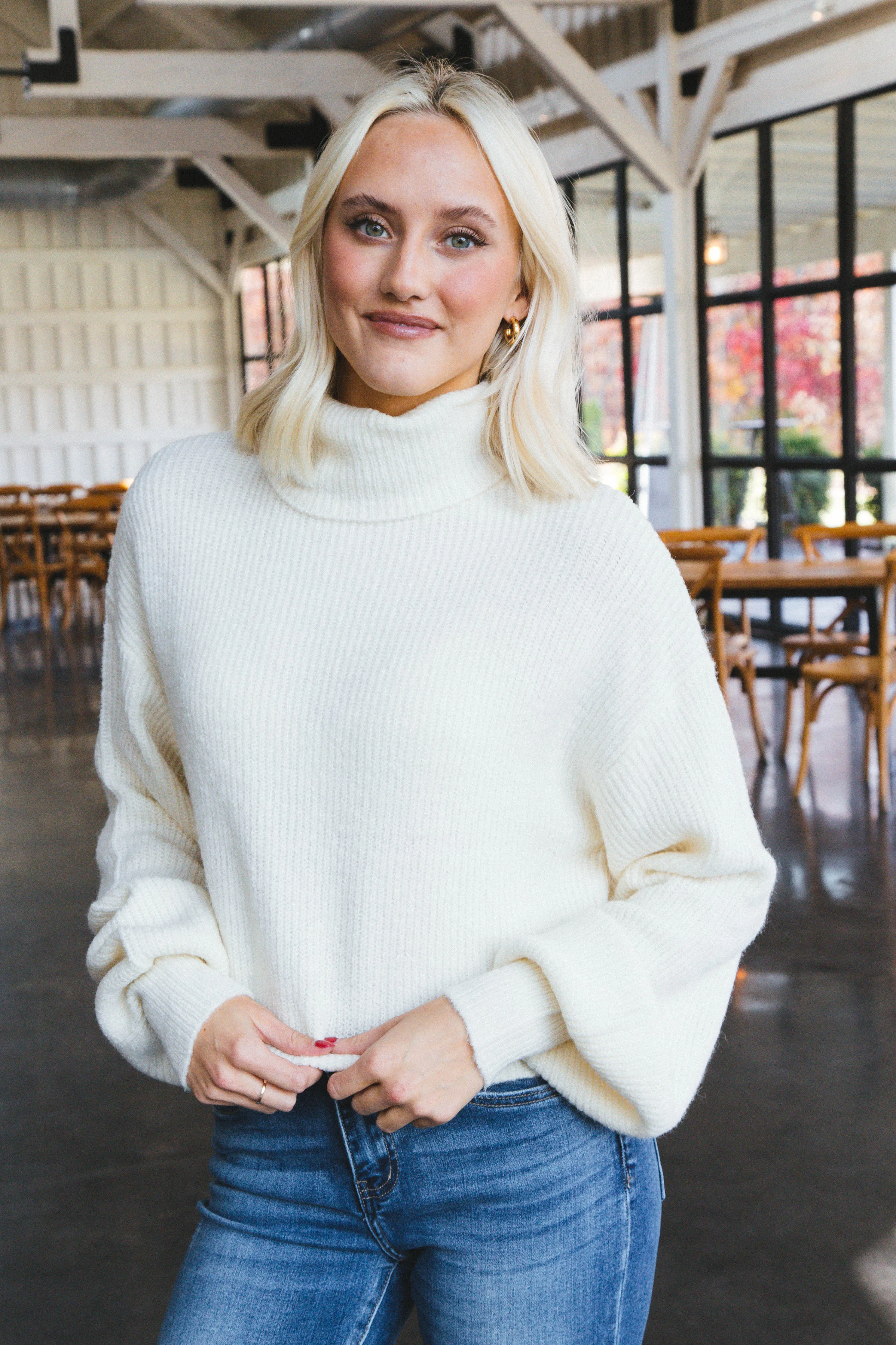 Layla Cropped Turtleneck, Cream sold by North & Main Clothing Company