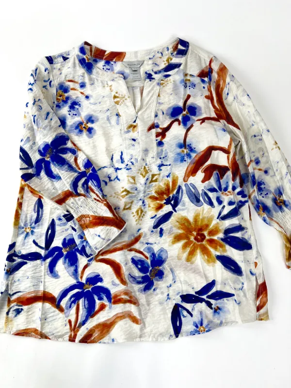 Mara Shirred Y-Neck Top, Multi | Multiples sold by North & Main Clothing Company