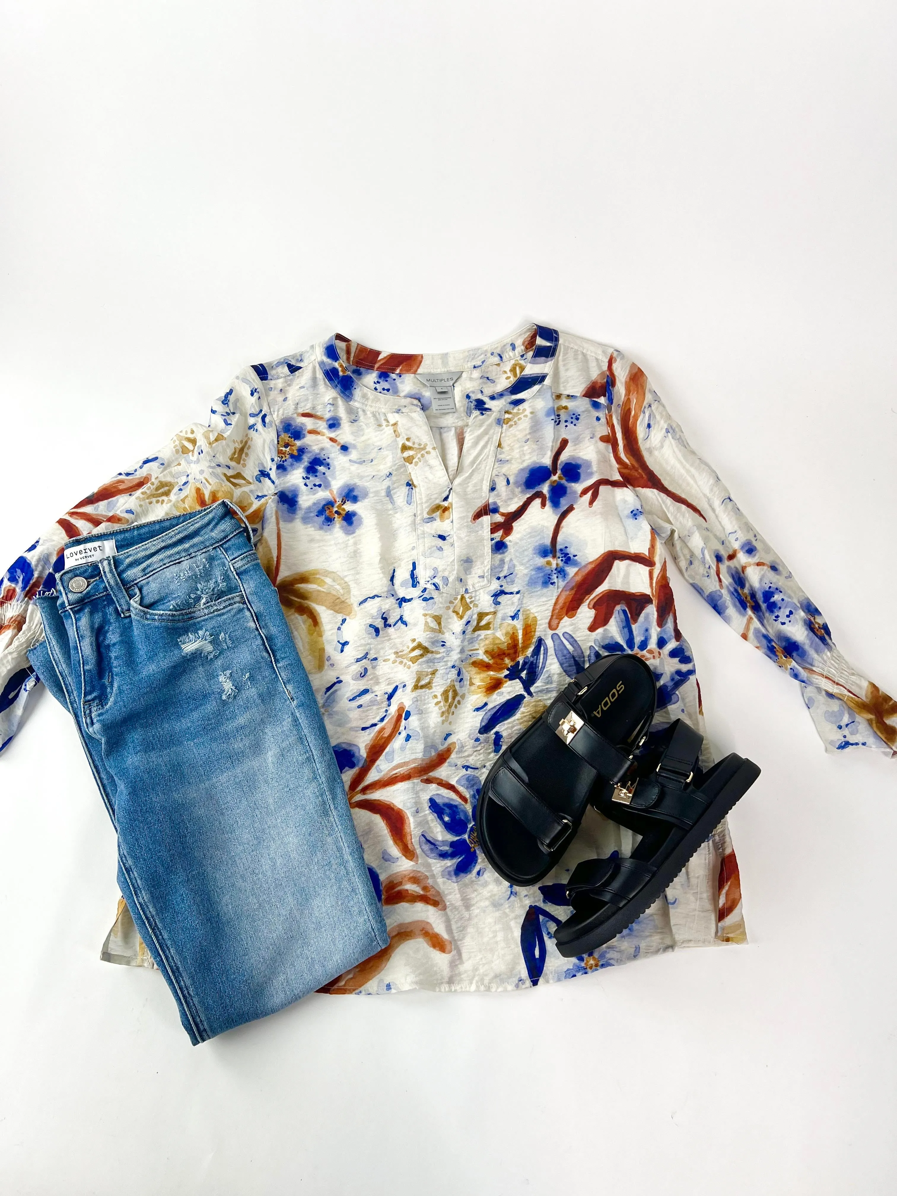 Mara Shirred Y-Neck Top, Multi | Multiples sold by North & Main Clothing Company product image thumbnail 5