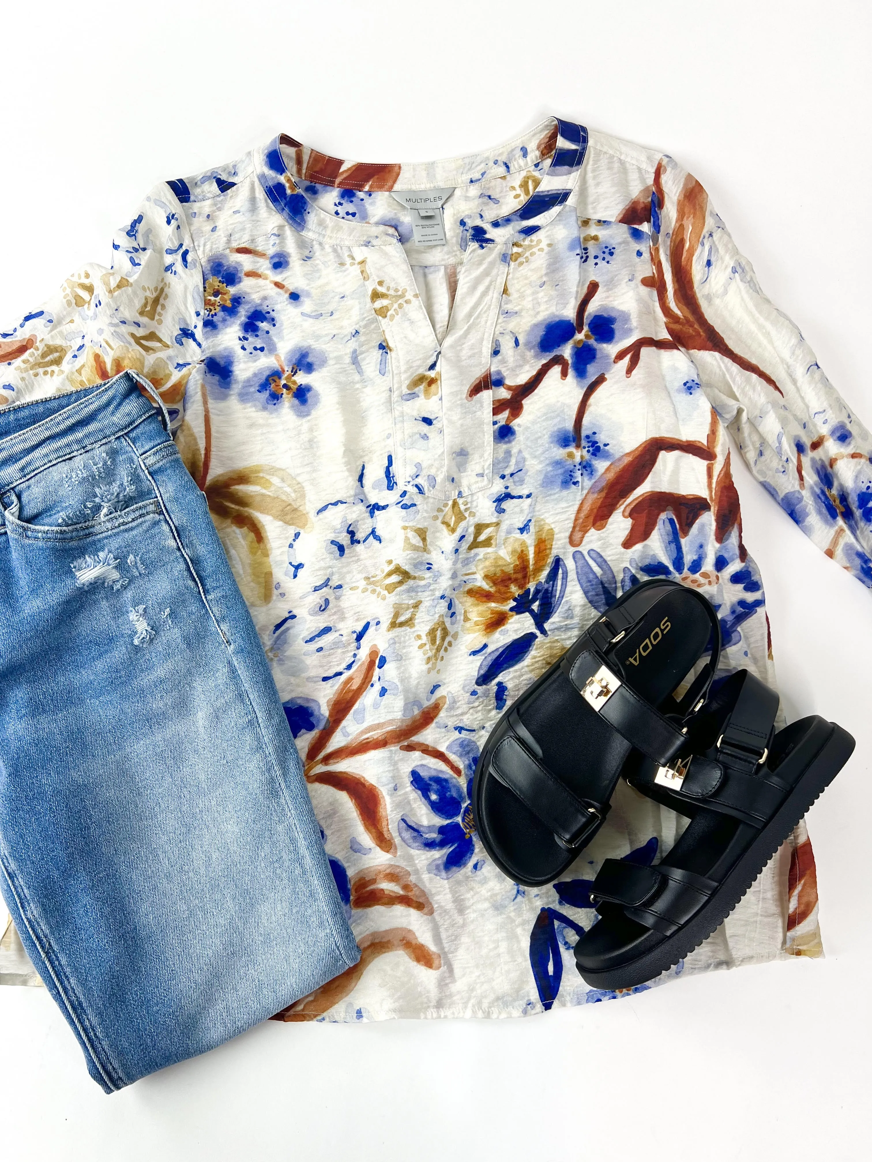 Mara Shirred Y-Neck Top, Multi | Multiples sold by North & Main Clothing Company product image thumbnail 4