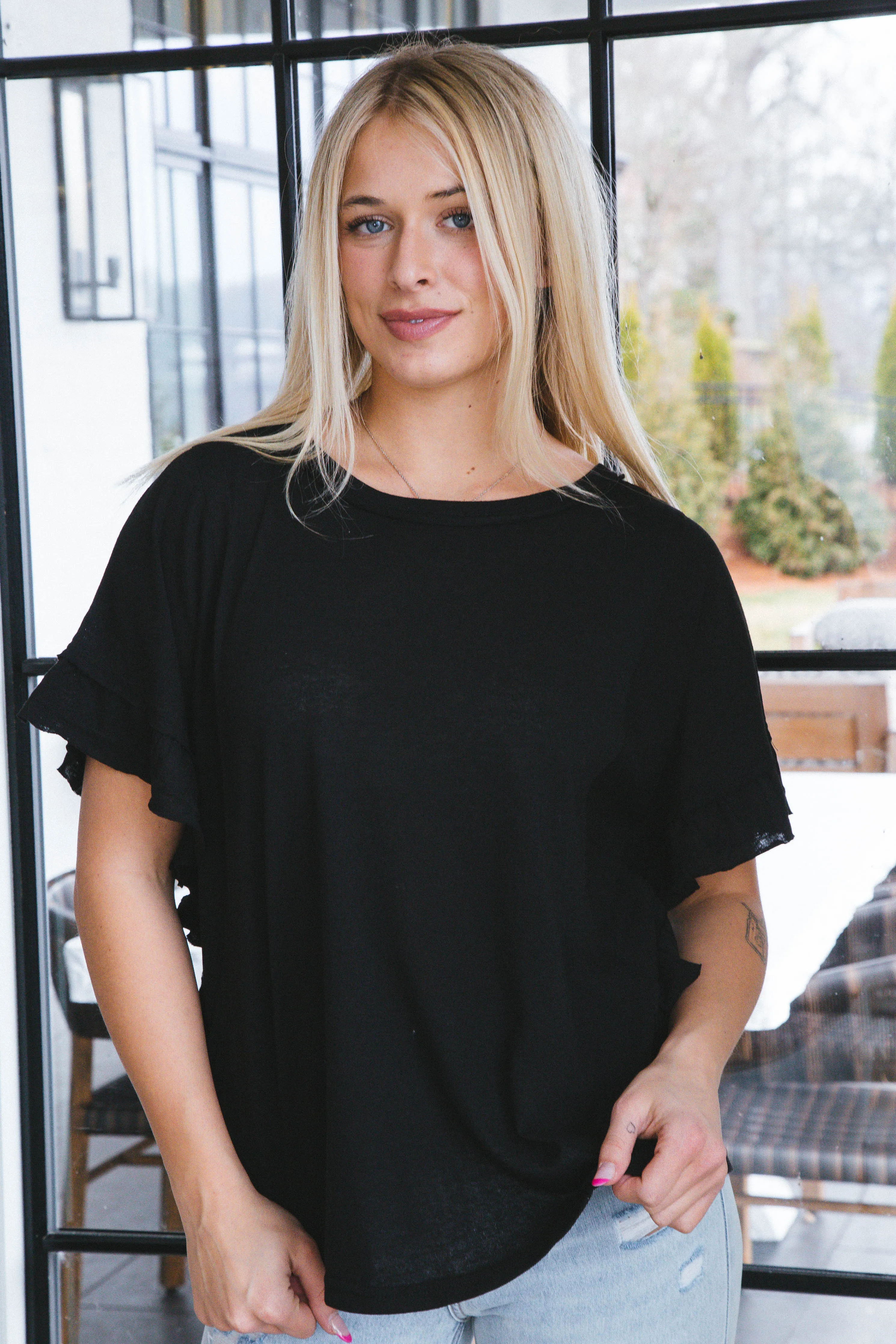 Lillian Ruffle Batwing Sleeve Top, Black sold by North & Main Clothing Company