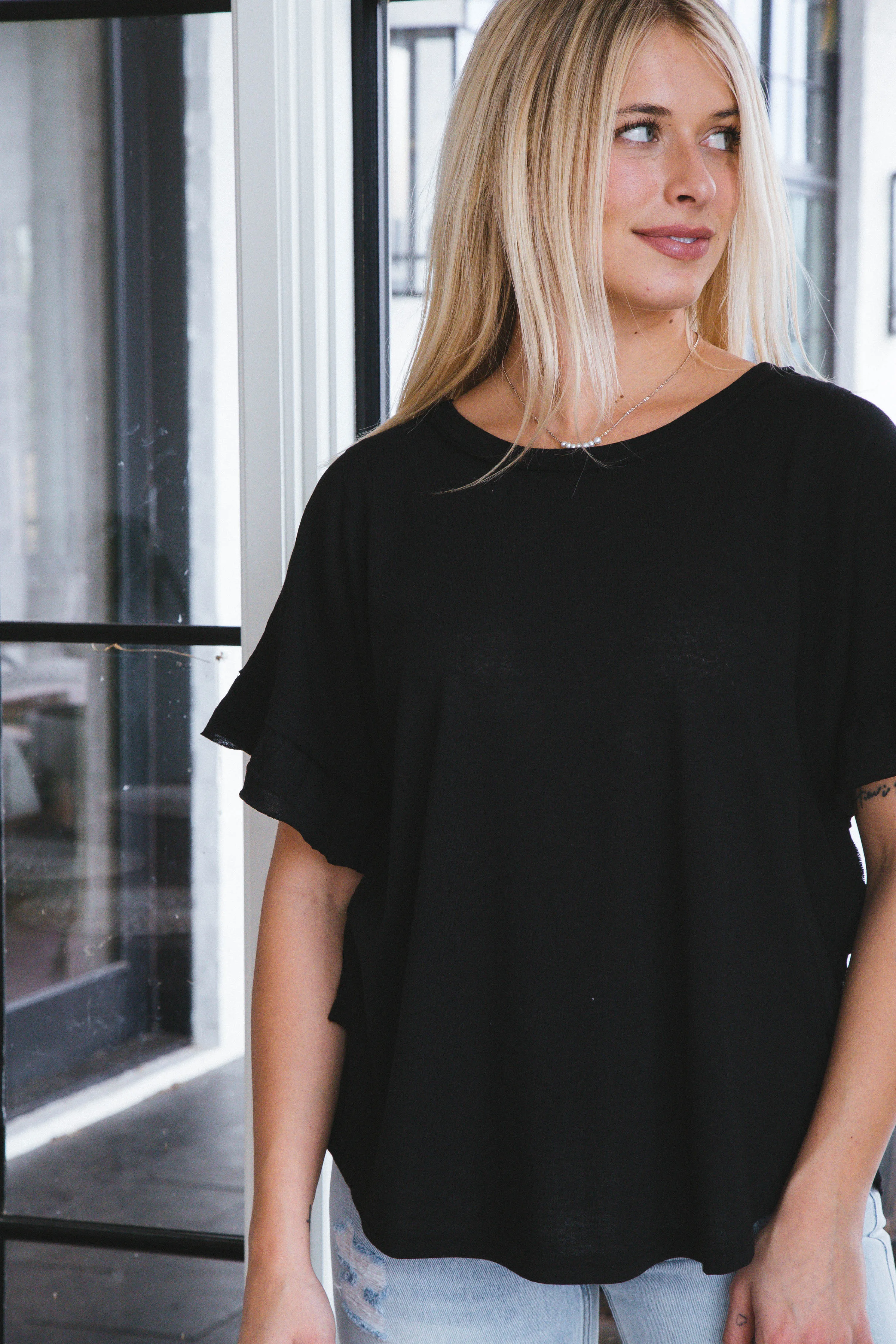 Lillian Ruffle Batwing Sleeve Top, Black sold by North & Main Clothing Company product image thumbnail 4
