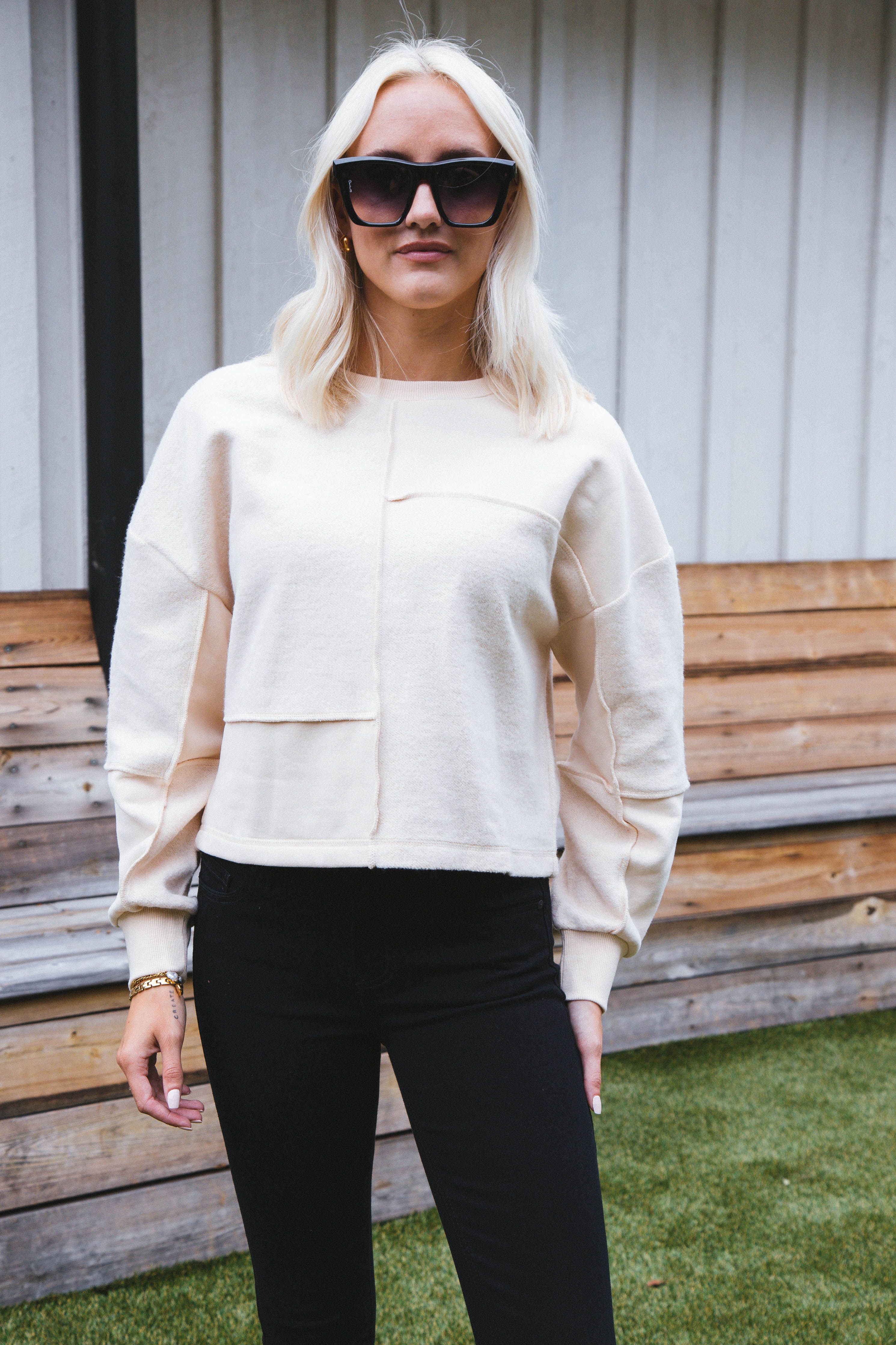 Paige Contrast Knit Top, Cream sold by North & Main Clothing Company