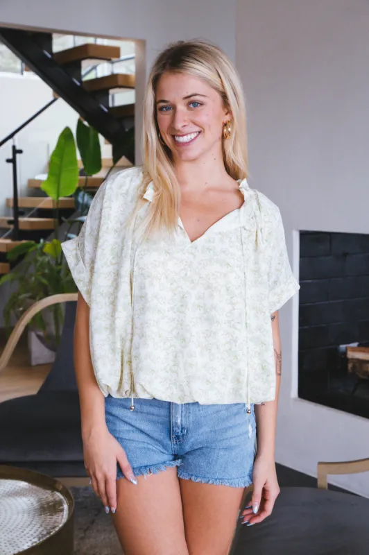 Mila Ditsy Tie Neck Top, Natural sold by North & Main Clothing Company