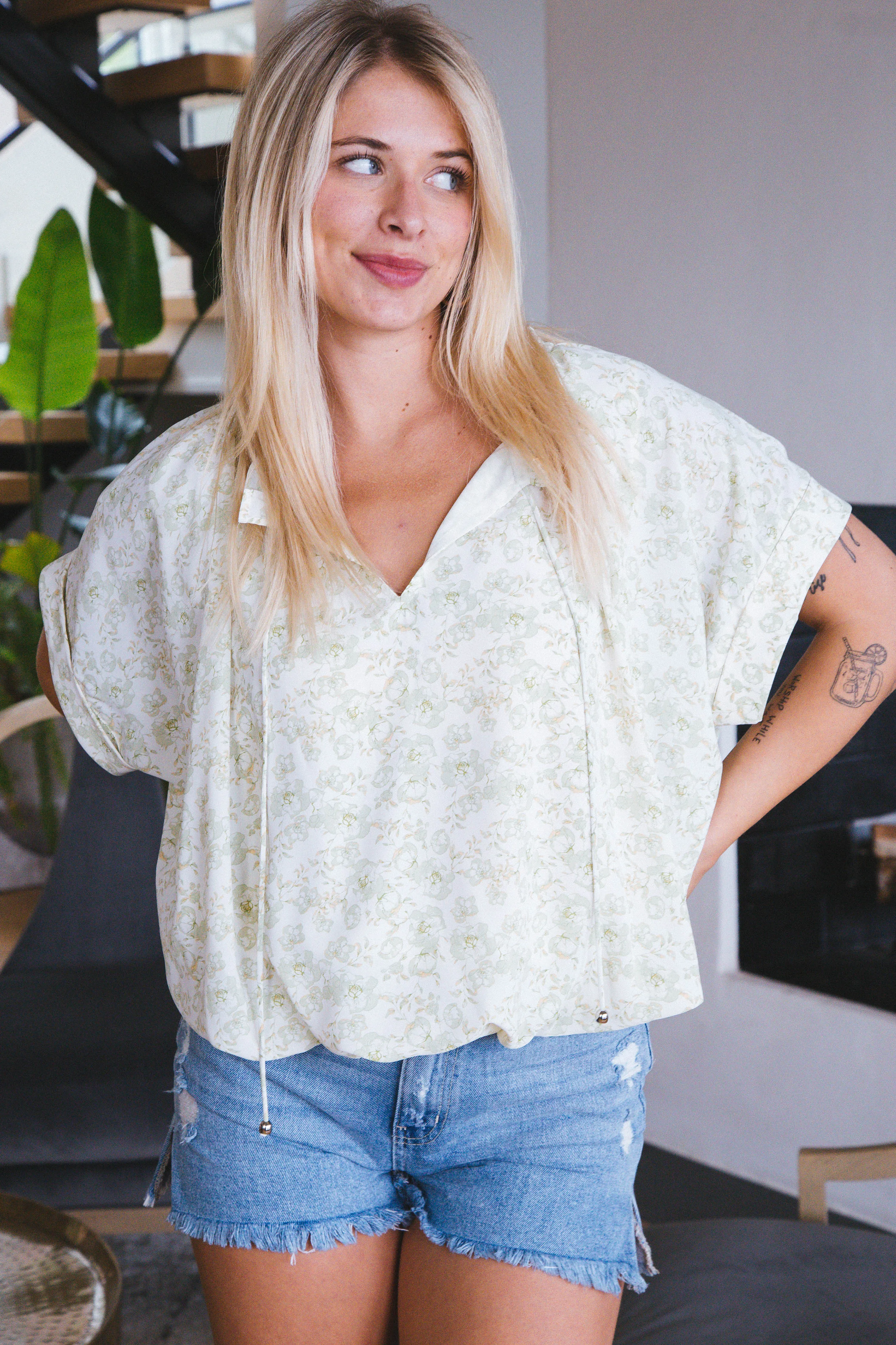 Mila Ditsy Tie Neck Top, Natural sold by North & Main Clothing Company product image thumbnail 2