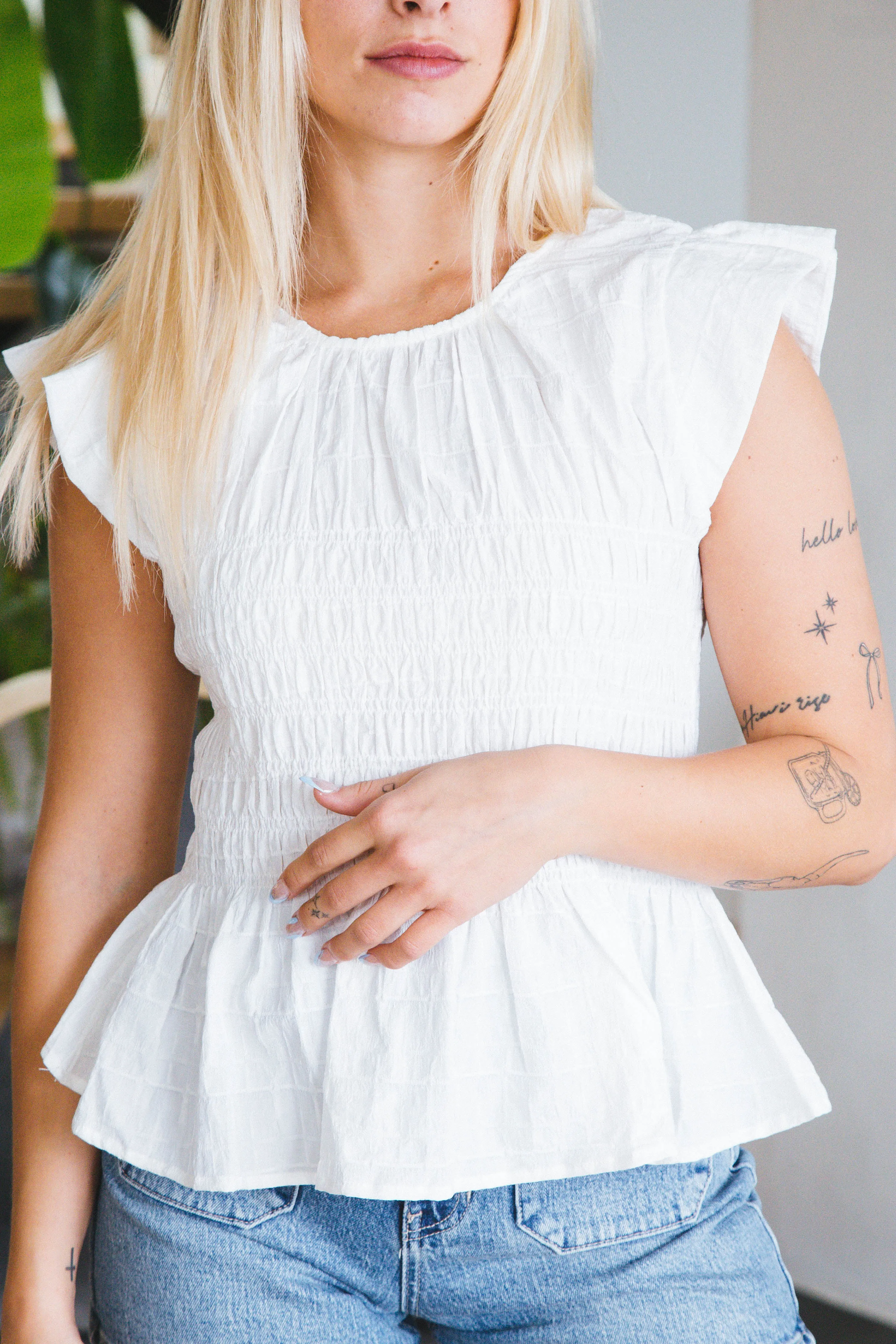 Quinn Flutter Sleeve Peplum Top, Off White sold by North & Main Clothing Company product image thumbnail 4