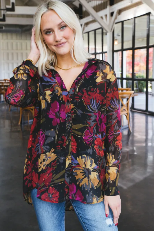 Among the Stars Button Down Top, Black Multi | Sadie & Sage sold by North & Main Clothing Company