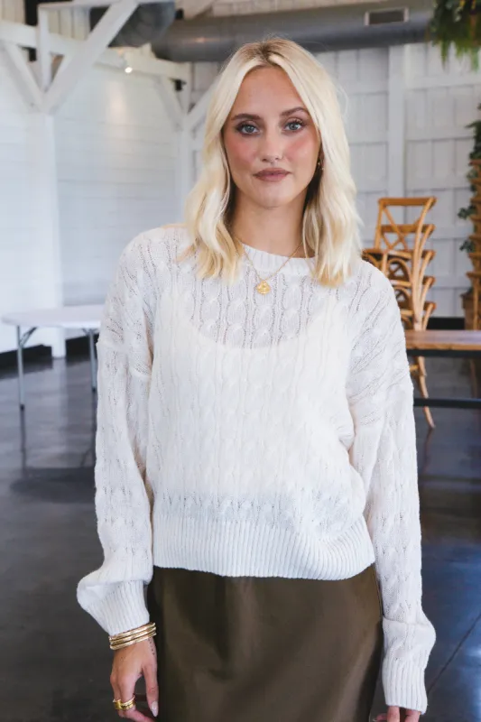 Enya Cable Knit Sweater, Ivory sold by North & Main Clothing Company
