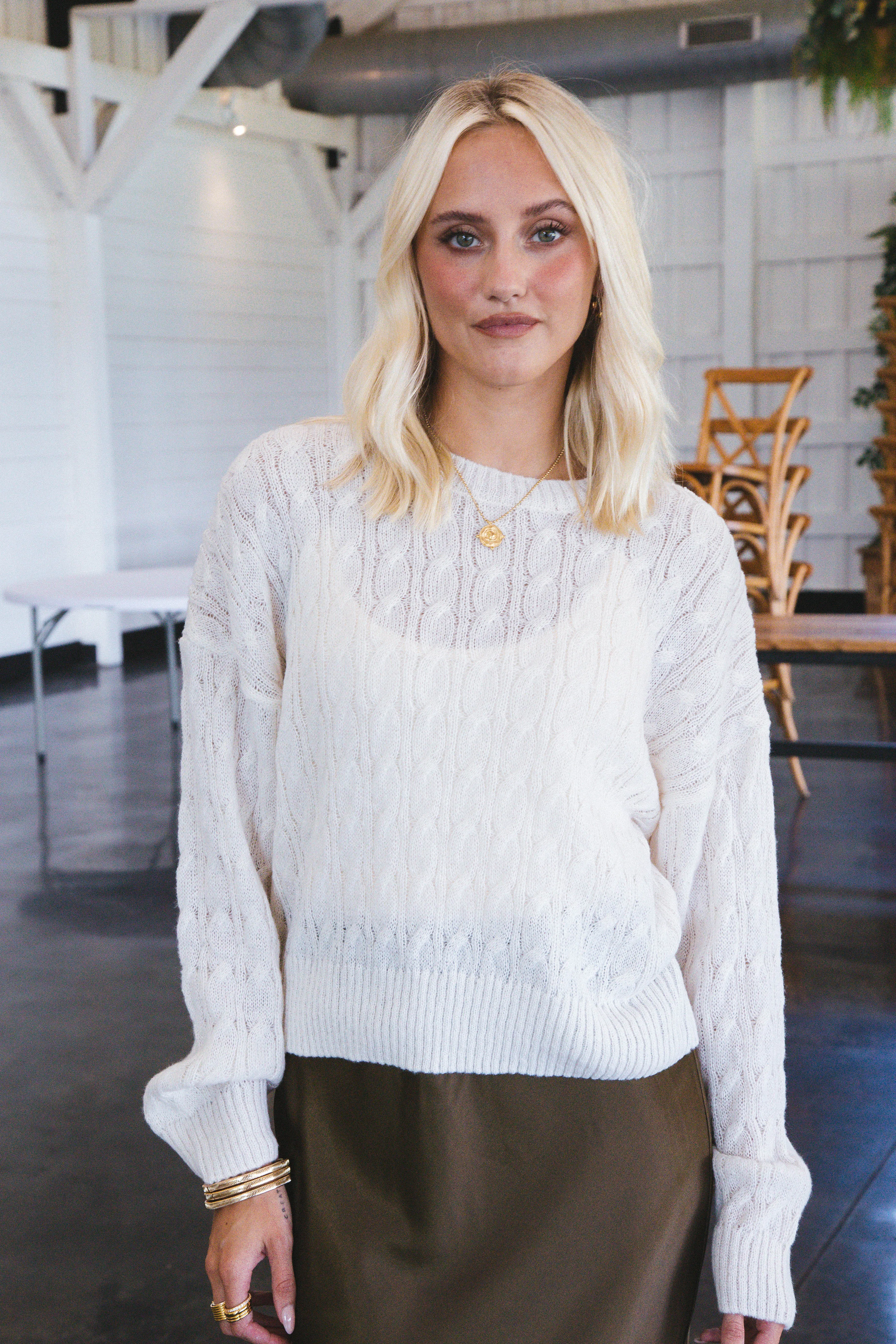 Enya Cable Knit Sweater, Ivory sold by North & Main Clothing Company