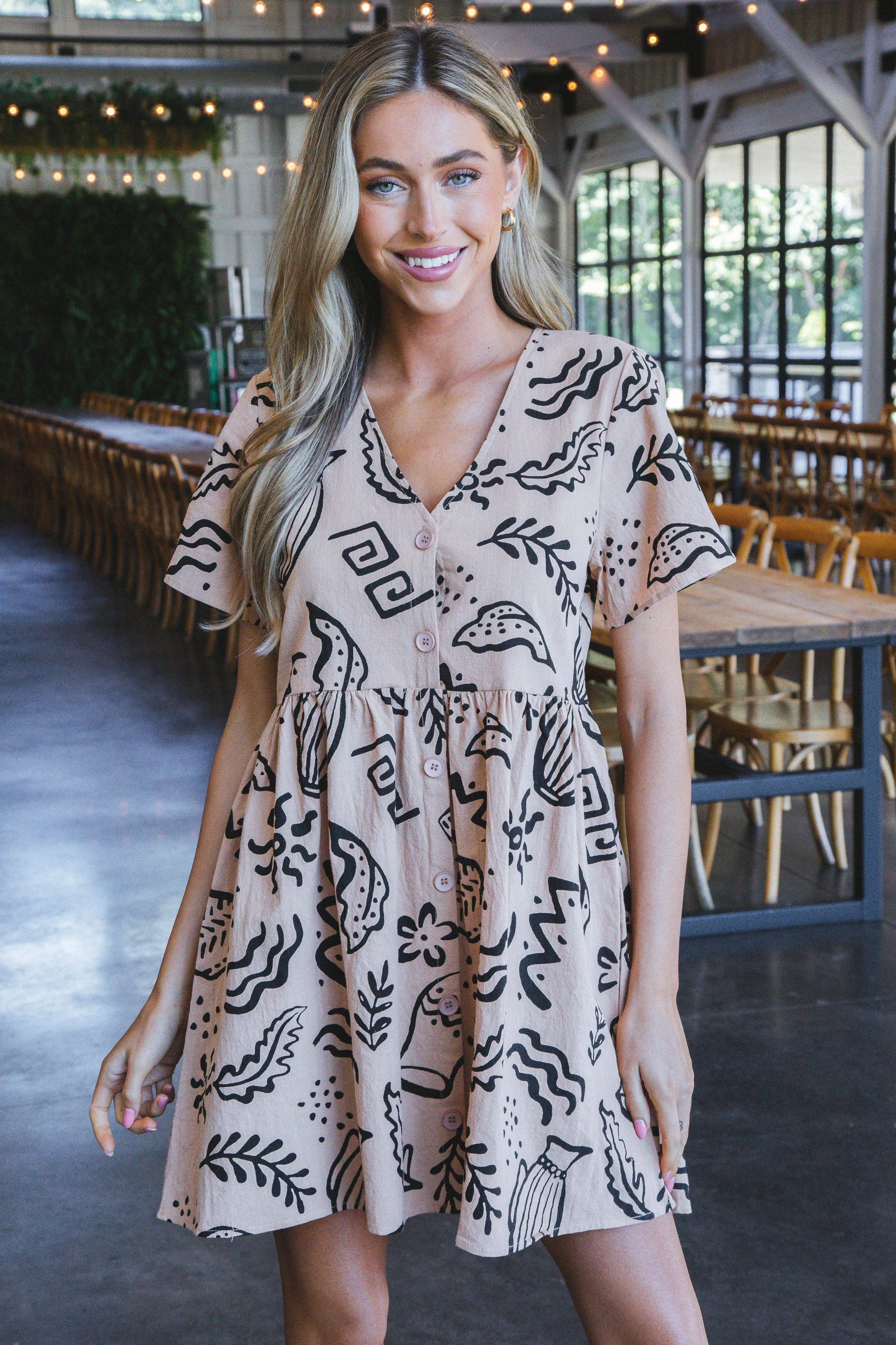 Mira Doodle Print Mini Dress, Tan sold by North & Main Clothing Company