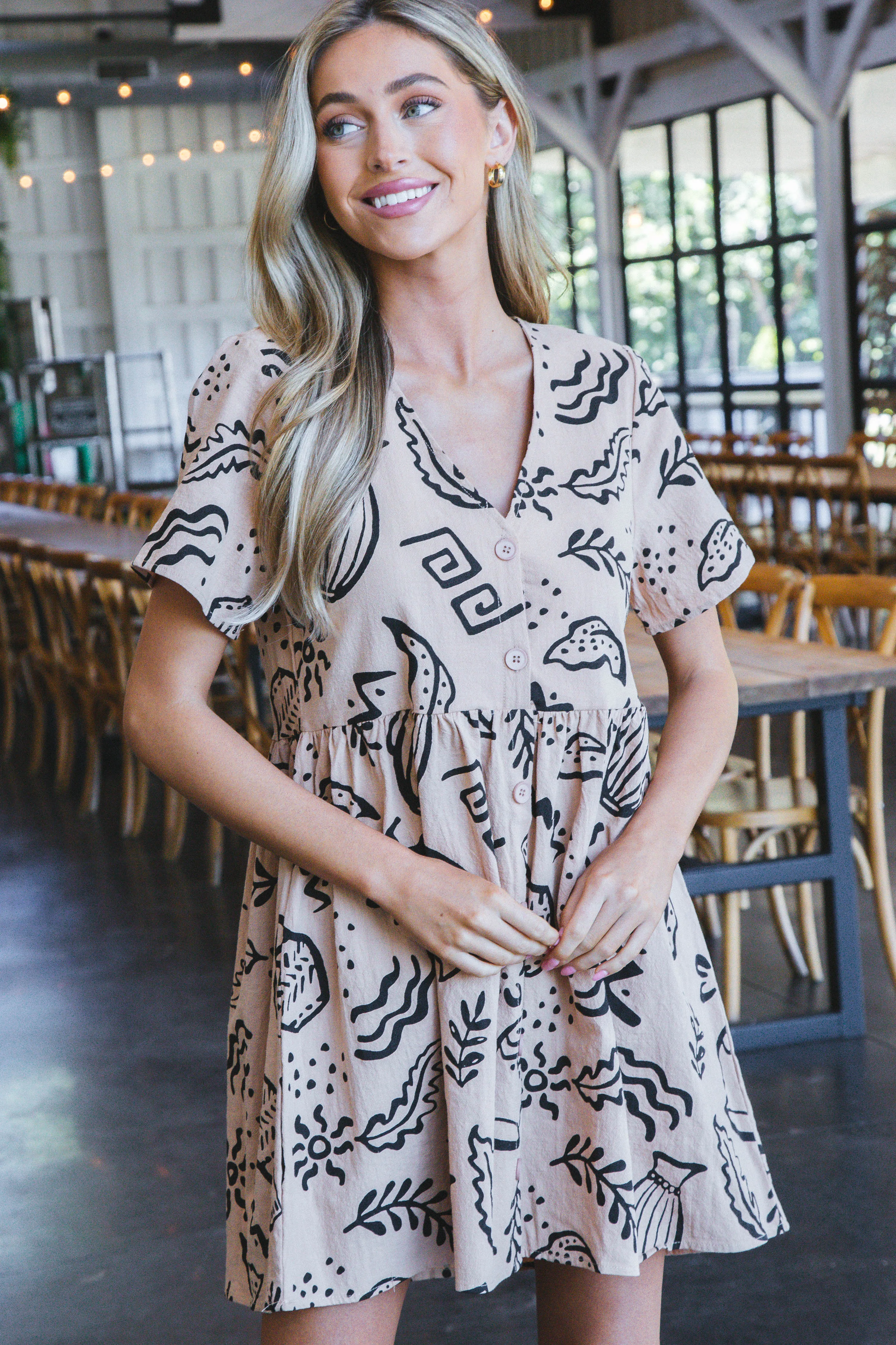 Mira Doodle Print Mini Dress, Tan sold by North & Main Clothing Company product image thumbnail 3