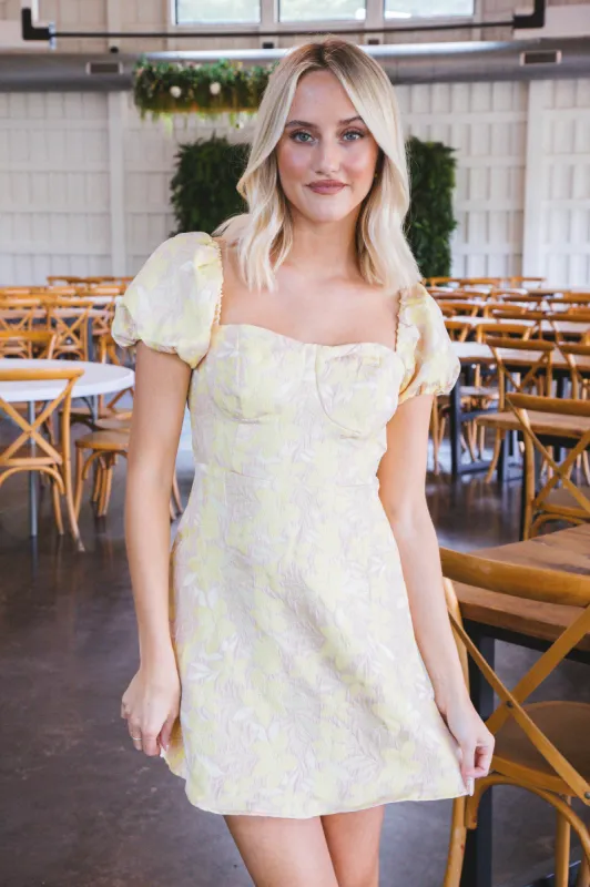 Marissa Puff Sleeve Mini Dress, Beige/Yellow sold by North & Main Clothing Company