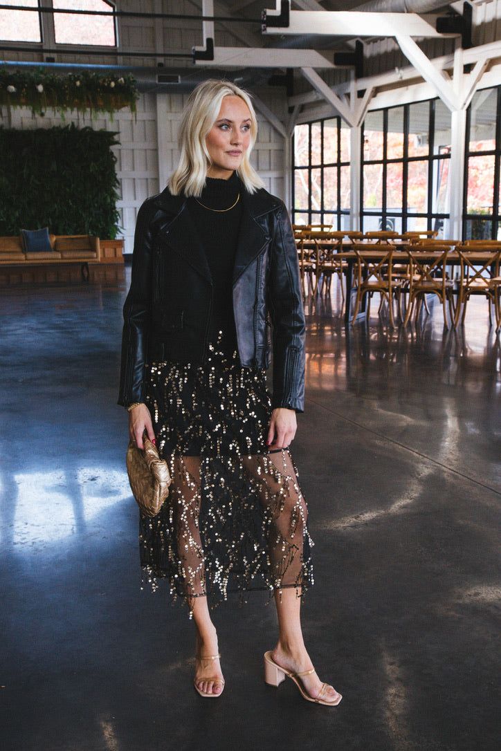 Reyna Sequin Mesh Midi Skirt, Black/Gold sold by North & Main Clothing Company product image thumbnail 3