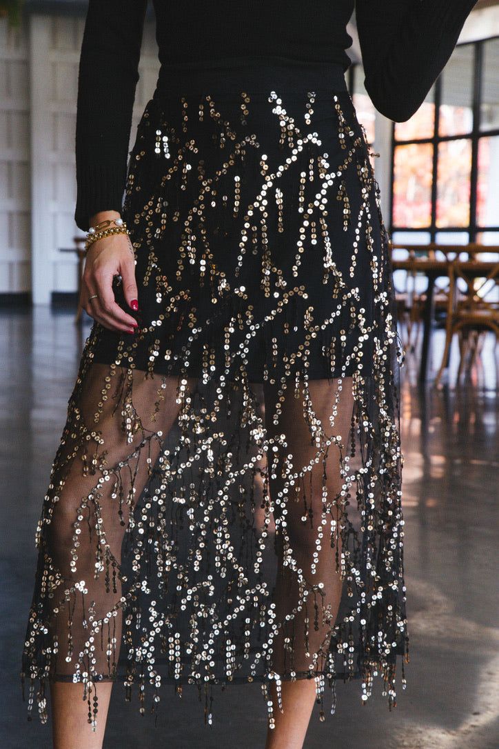 Reyna Sequin Mesh Midi Skirt, Black/Gold sold by North & Main Clothing Company