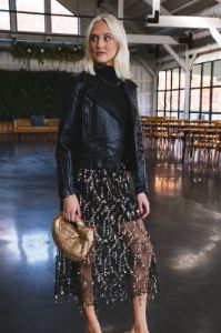 Reyna Sequin Mesh Midi Skirt, Black/Gold sold by North & Main Clothing Company