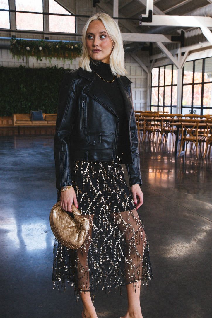 Reyna Sequin Mesh Midi Skirt, Black/Gold sold by North & Main Clothing Company product image thumbnail 5