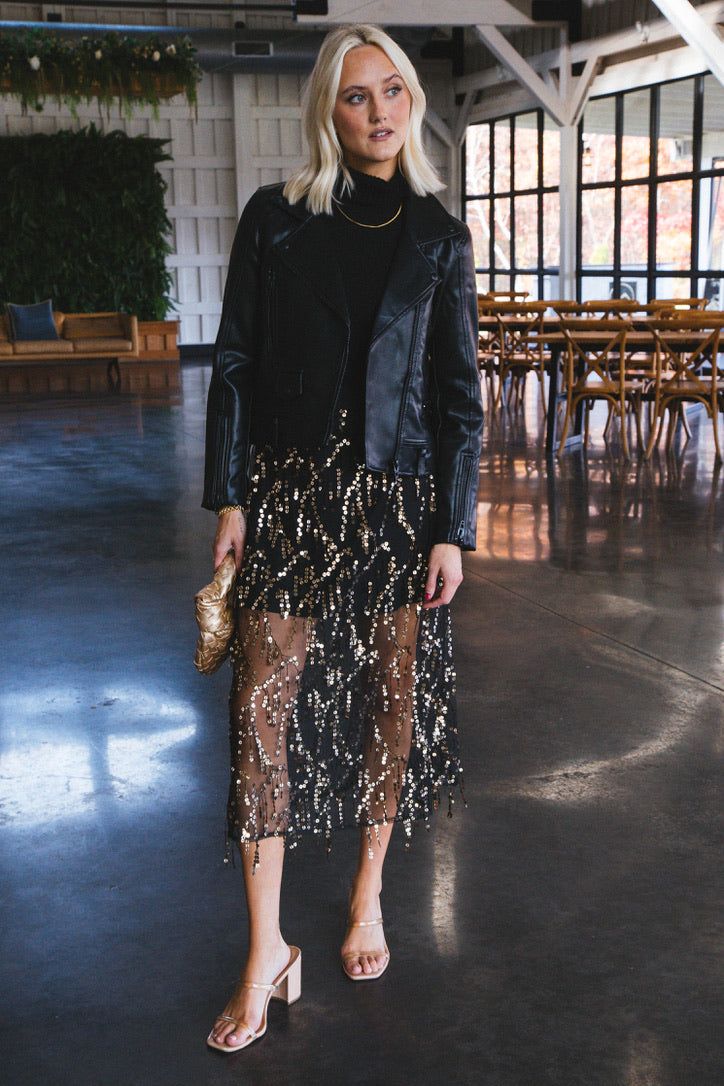 Reyna Sequin Mesh Midi Skirt, Black/Gold sold by North & Main Clothing Company product image thumbnail 4