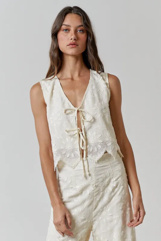 Kira Embroidered Front Tie Vest, Natural sold by North & Main Clothing Company