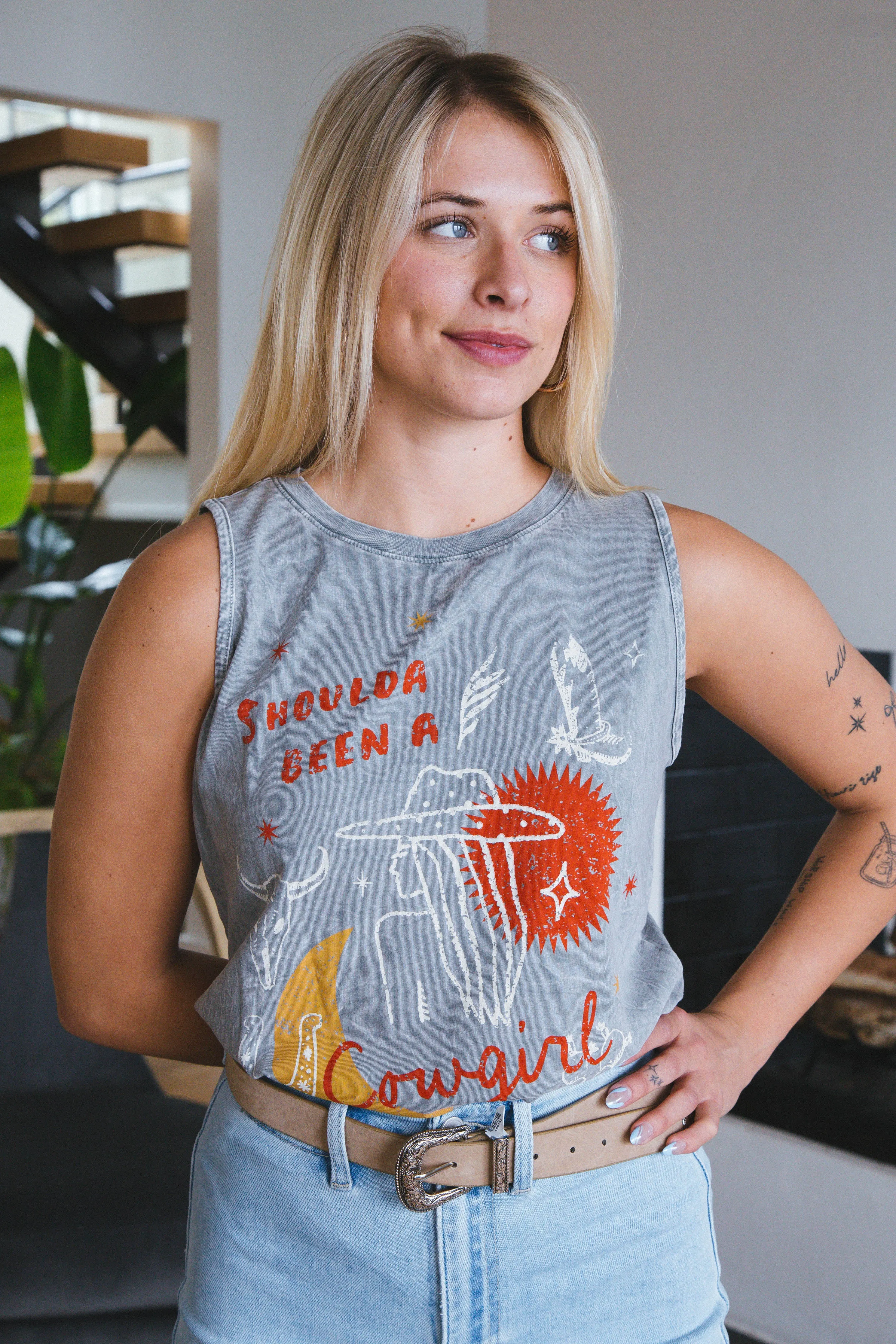 Shoulda Been a Cowgirl Graphic Tank, Mineral Gray sold by North & Main Clothing Company product image thumbnail 5