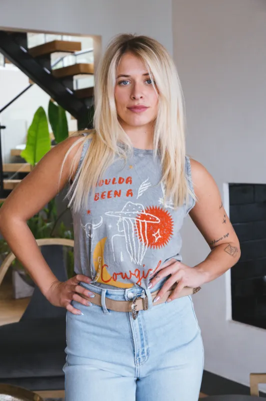 Shoulda Been a Cowgirl Graphic Tank, Mineral Gray sold by North & Main Clothing Company