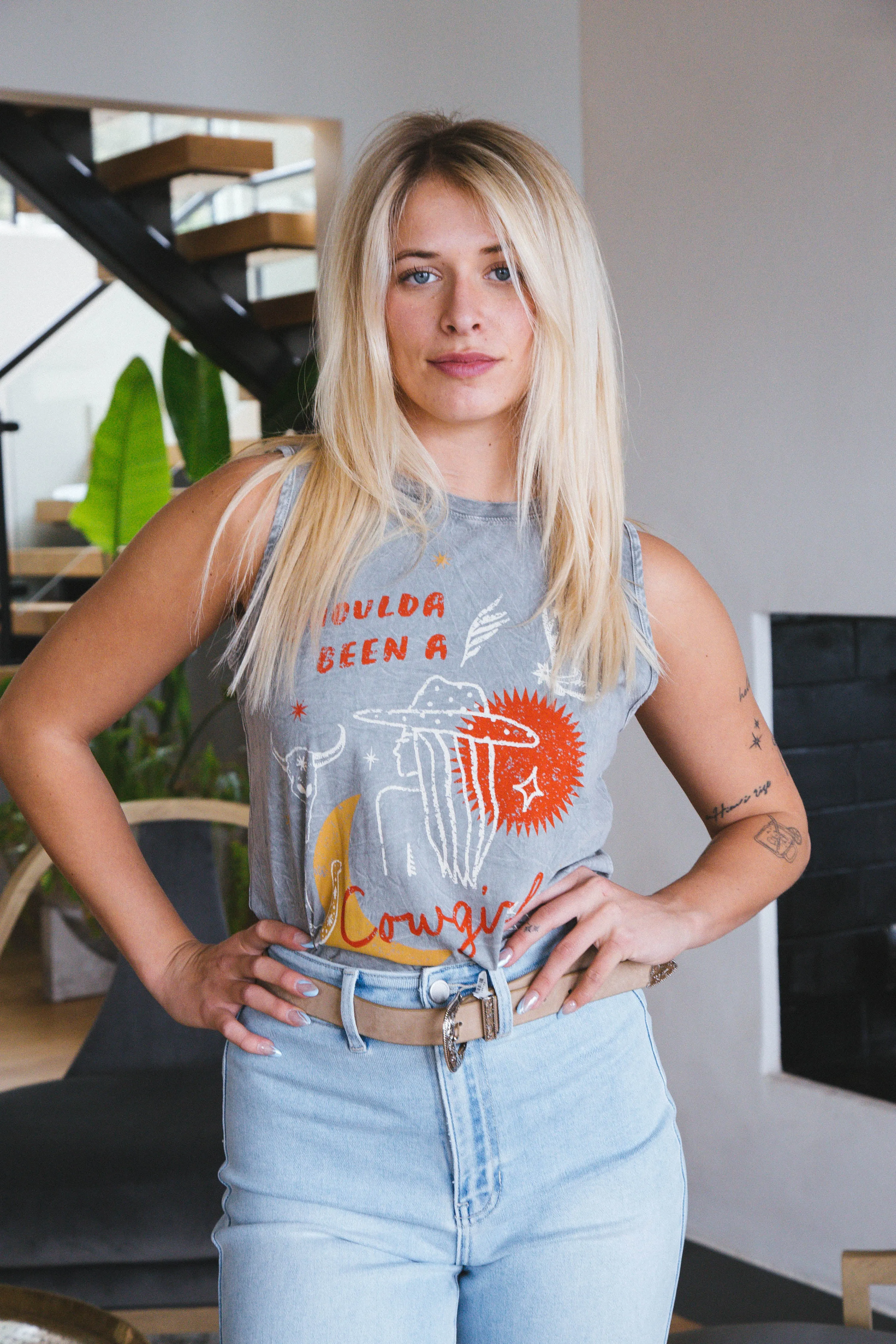 Shoulda Been a Cowgirl Graphic Tank, Mineral Gray sold by North & Main Clothing Company