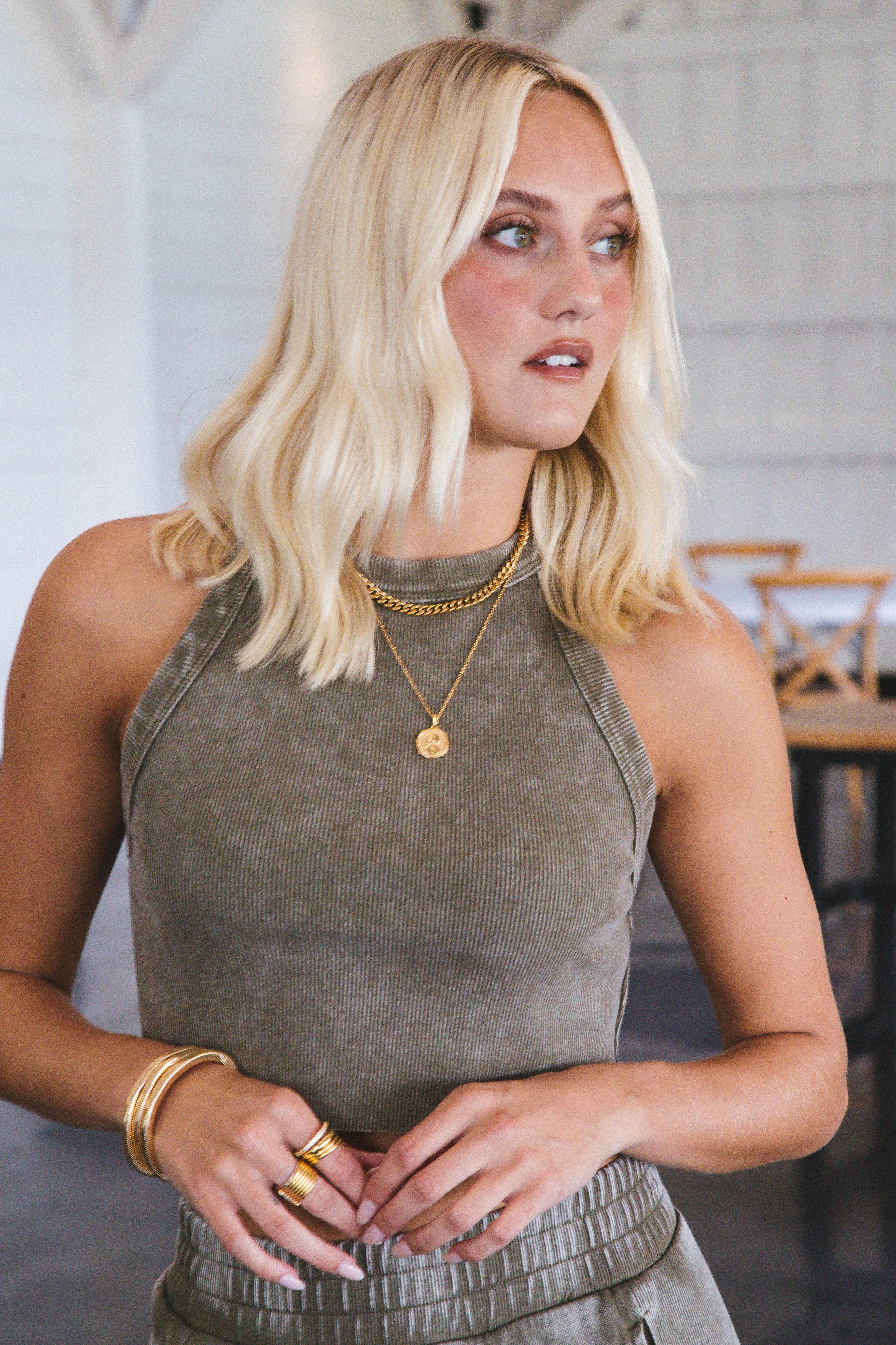 Hannah Halter Neck Ribbed Crop Top, Olive sold by North & Main Clothing Company product image thumbnail 5