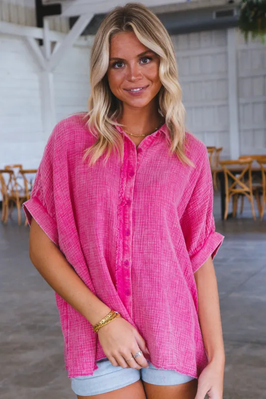 Callin Gauze Button Up, Hot Pink made by North & Main Clothing Company