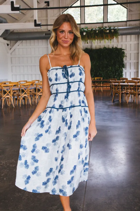 Harlow Floral Midi Dress, White/Blue Floral sold by North & Main Clothing Company