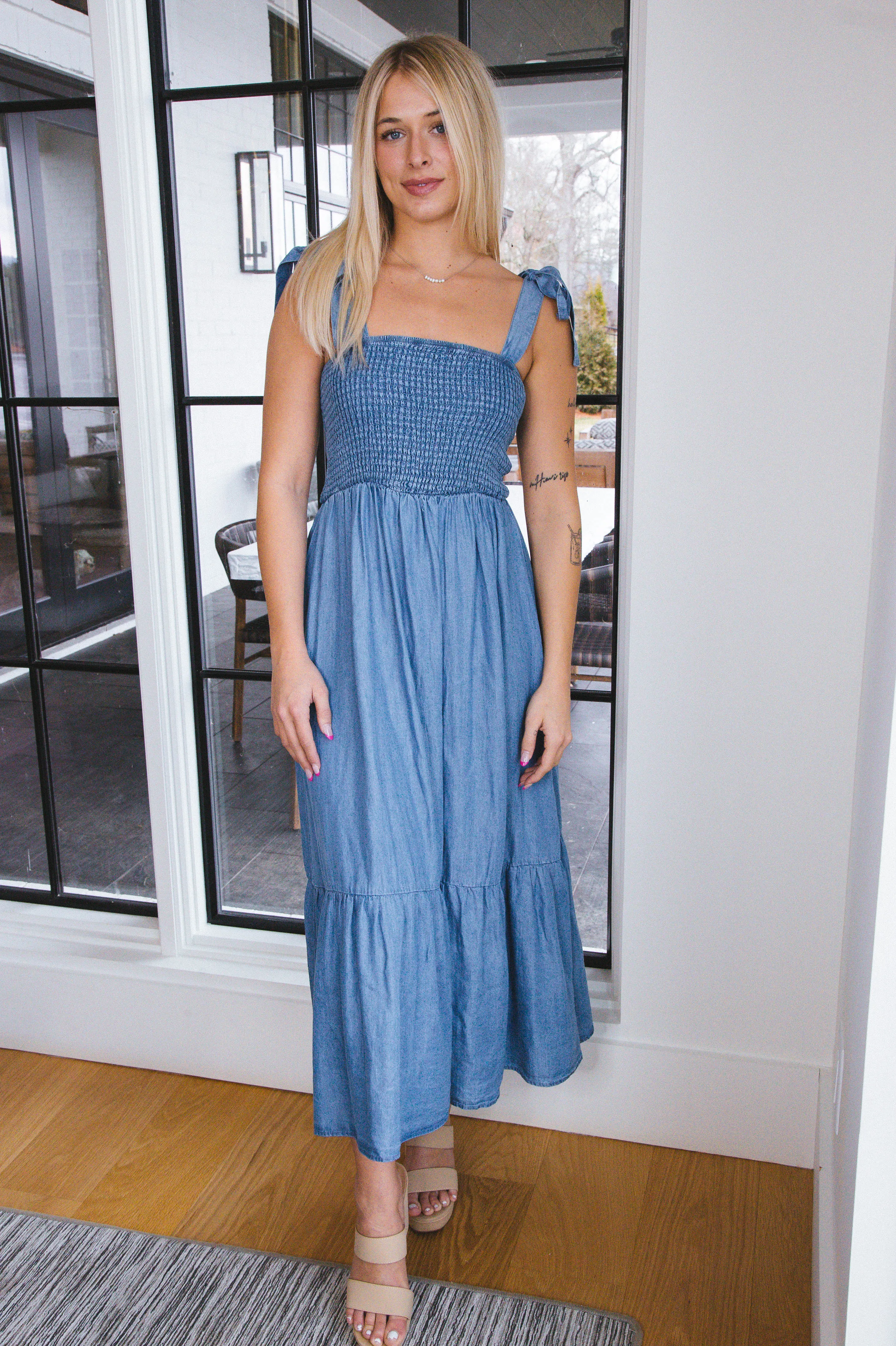 Mia Smocked Bodice Maxi Dress, Chambray sold by North & Main Clothing Company