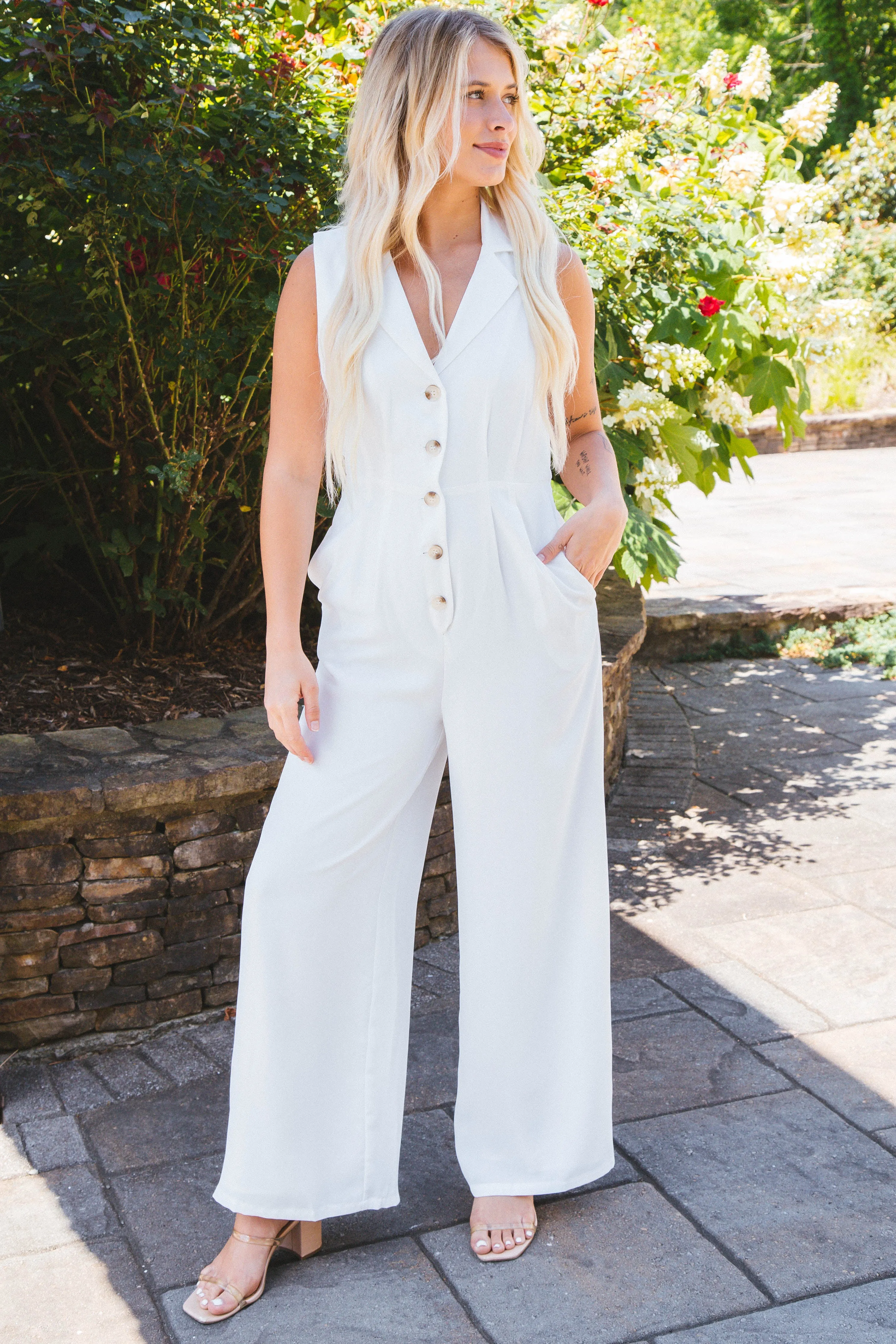 The Classics Button Front Jumpsuit, White | Sadie & Sage sold by North & Main Clothing Company product image thumbnail 3