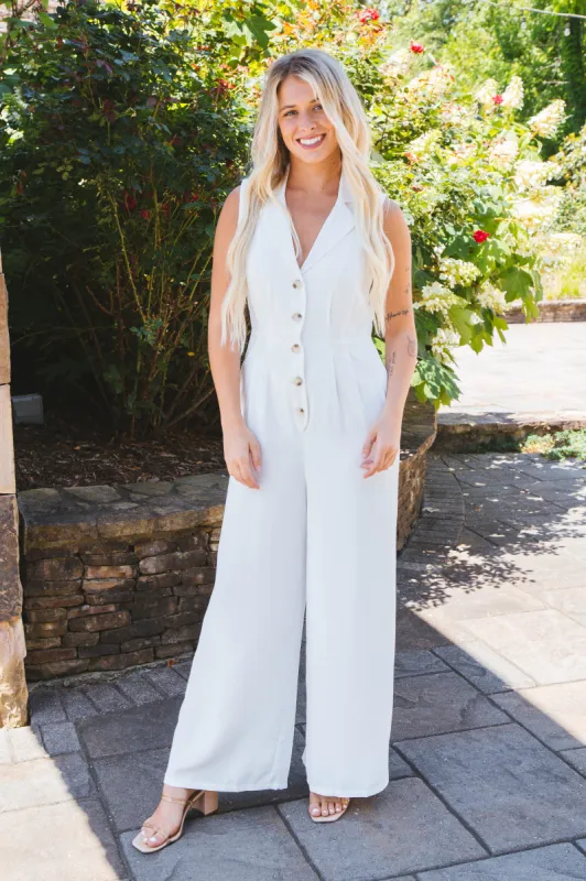 The Classics Button Front Jumpsuit, White | Sadie & Sage sold by North & Main Clothing Company