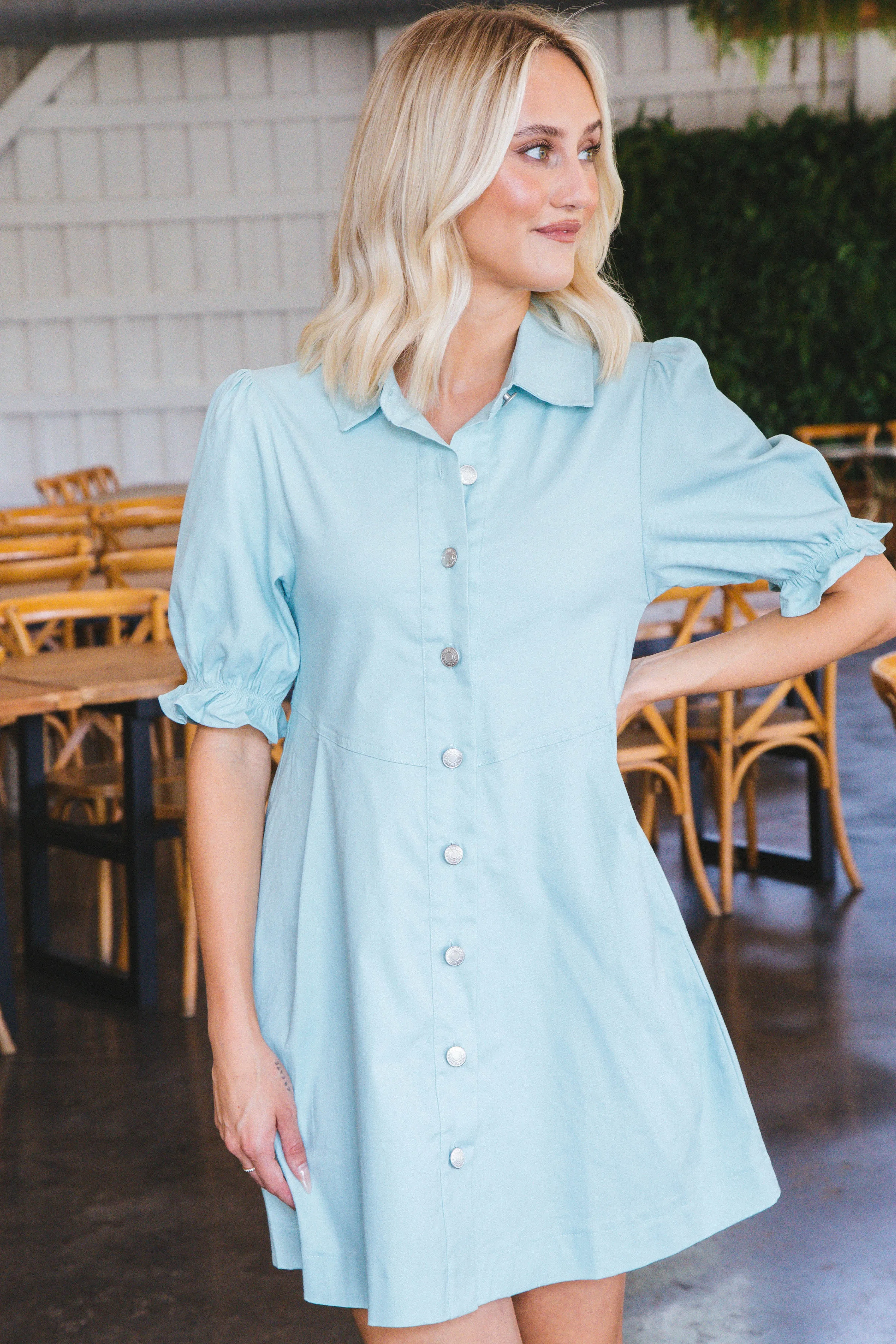 Lucia Button Down Denim Dress, Aqua sold by North & Main Clothing Company
