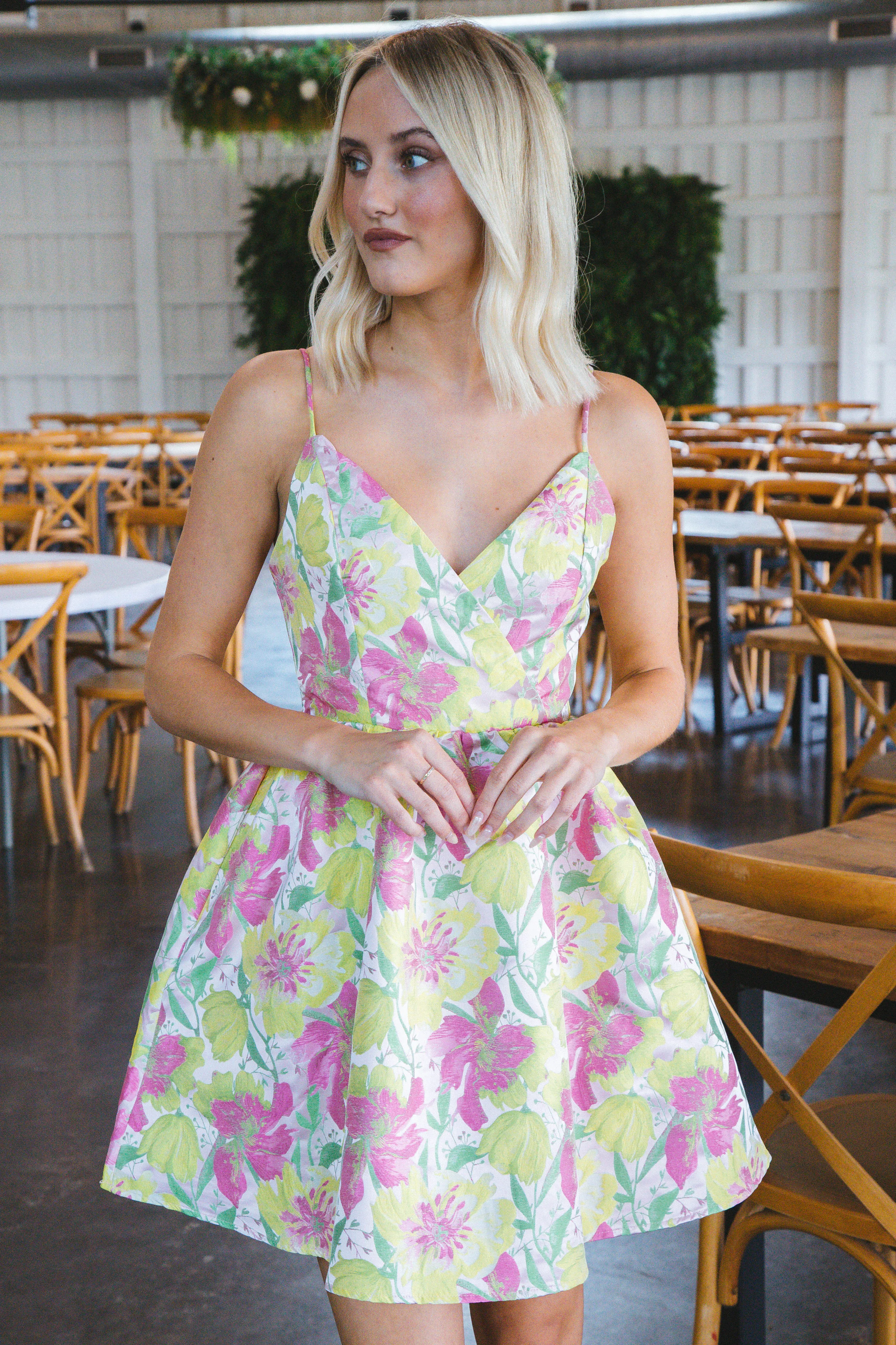 Leila Surplice Mini Dress, Pink/Yellow/Green sold by North & Main Clothing Company product image thumbnail 2