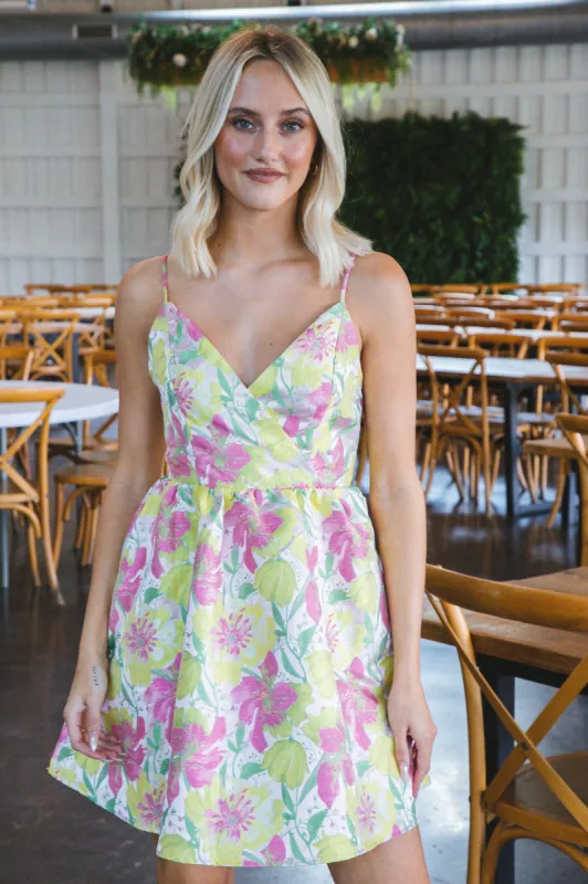 Leila Surplice Mini Dress, Pink/Yellow/Green made by Bright