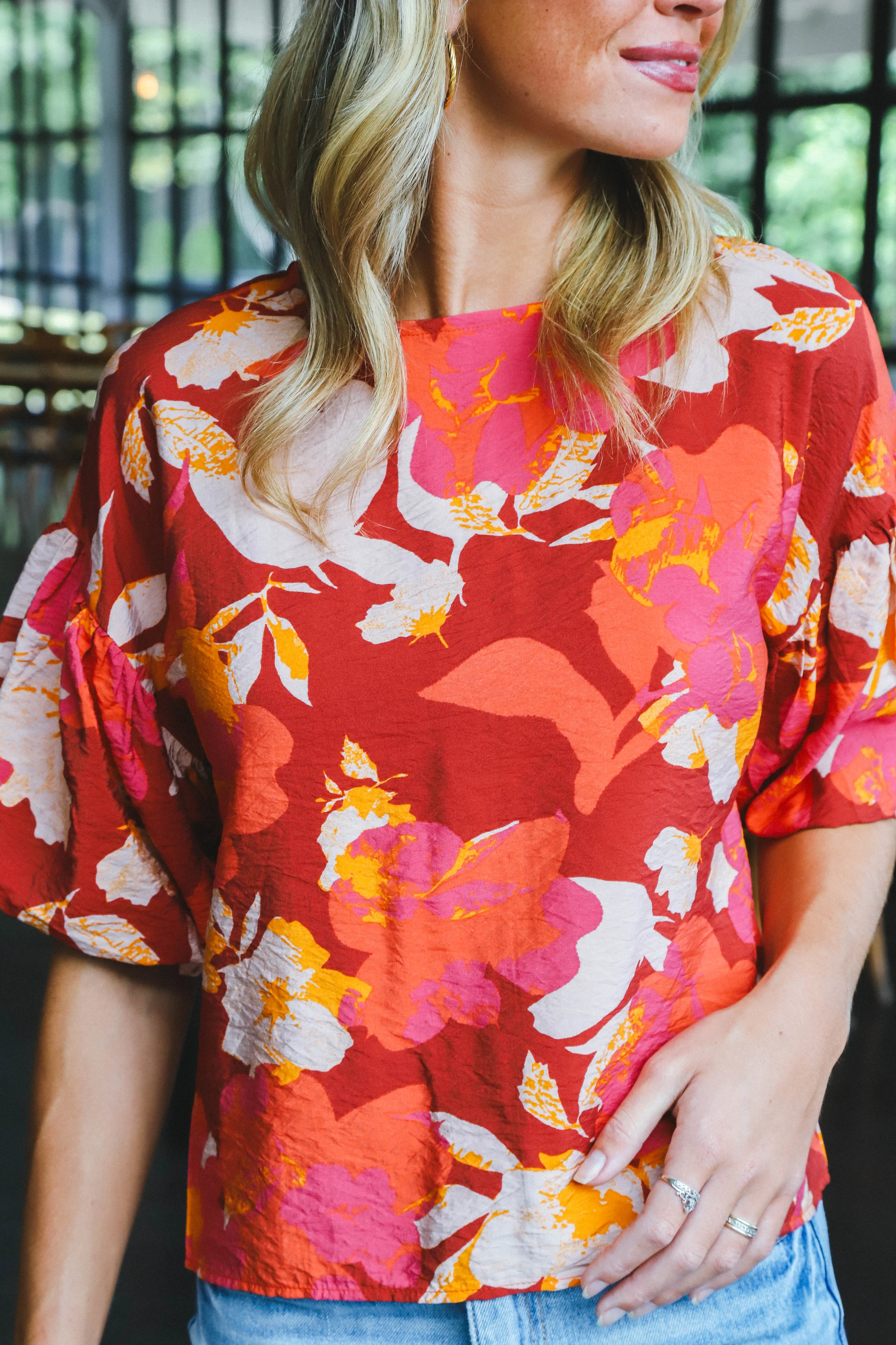 Demi Floral Balloon Sleeve Top, Burgundy sold by North & Main Clothing Company product image thumbnail 5