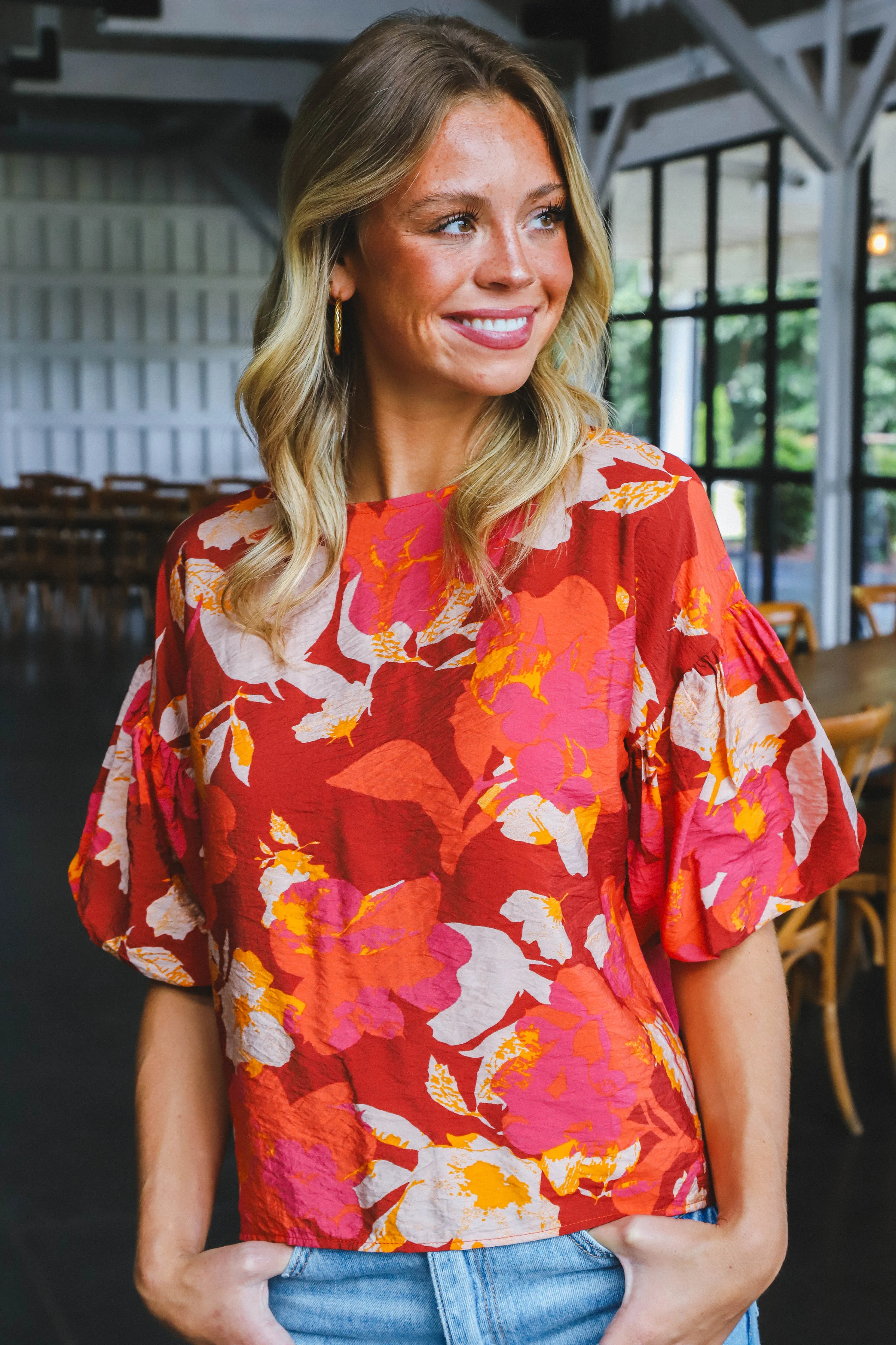 Demi Floral Balloon Sleeve Top, Burgundy sold by North & Main Clothing Company product image thumbnail 2