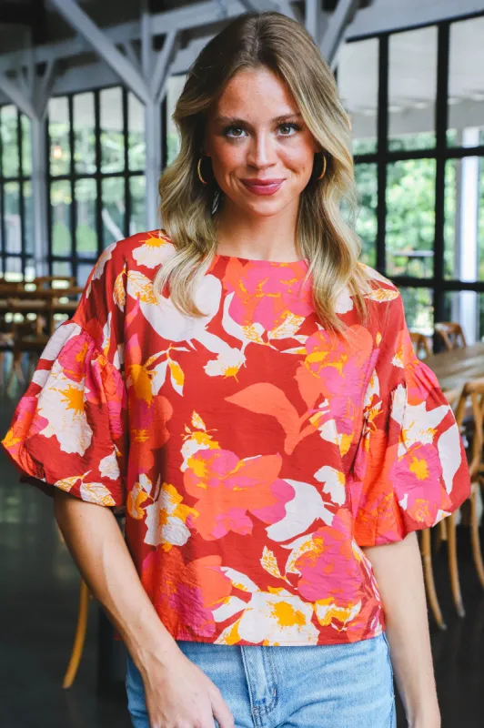 Demi Floral Balloon Sleeve Top, Burgundy sold by North & Main Clothing Company