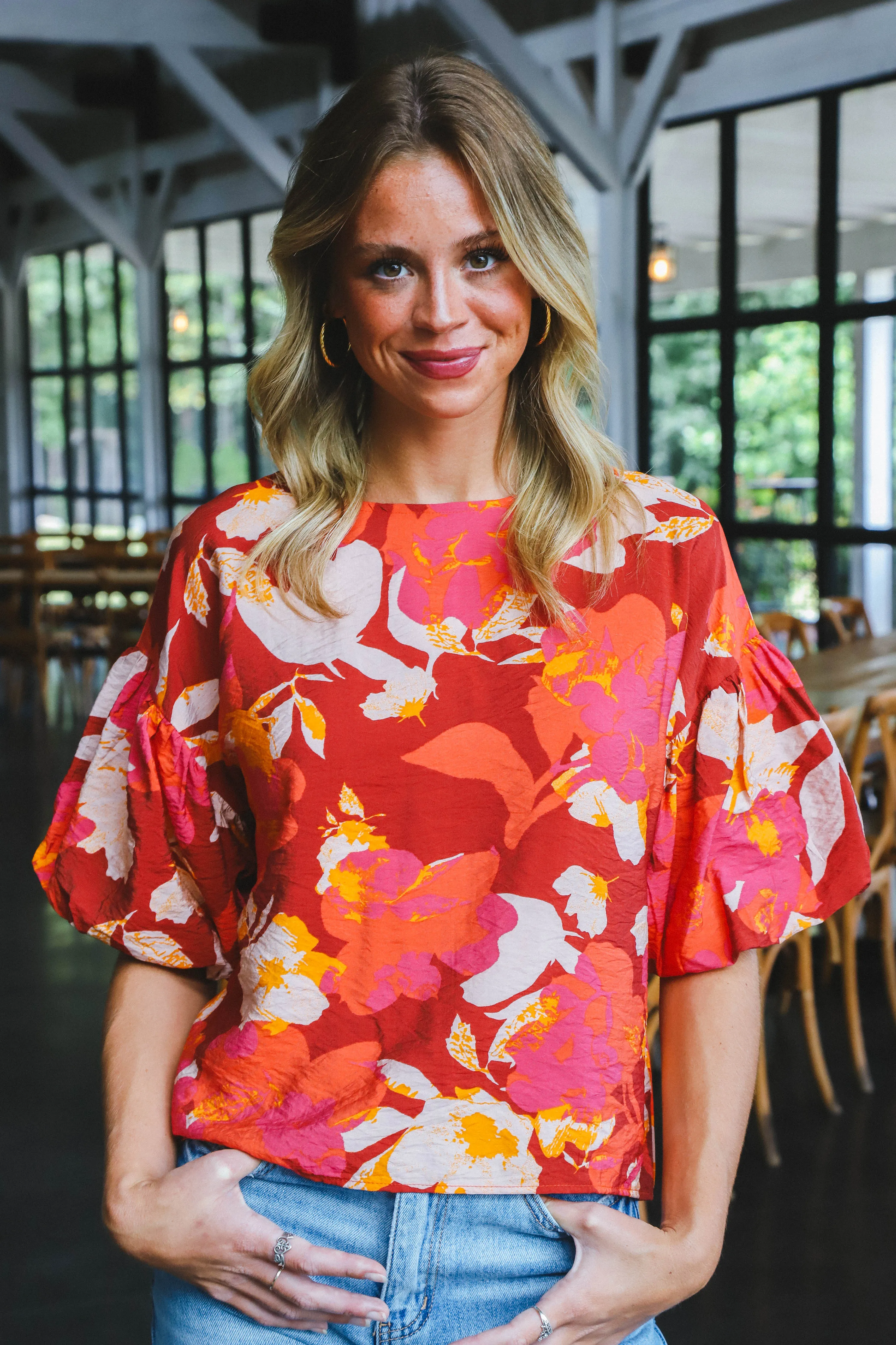 Demi Floral Balloon Sleeve Top, Burgundy sold by North & Main Clothing Company product image thumbnail 4