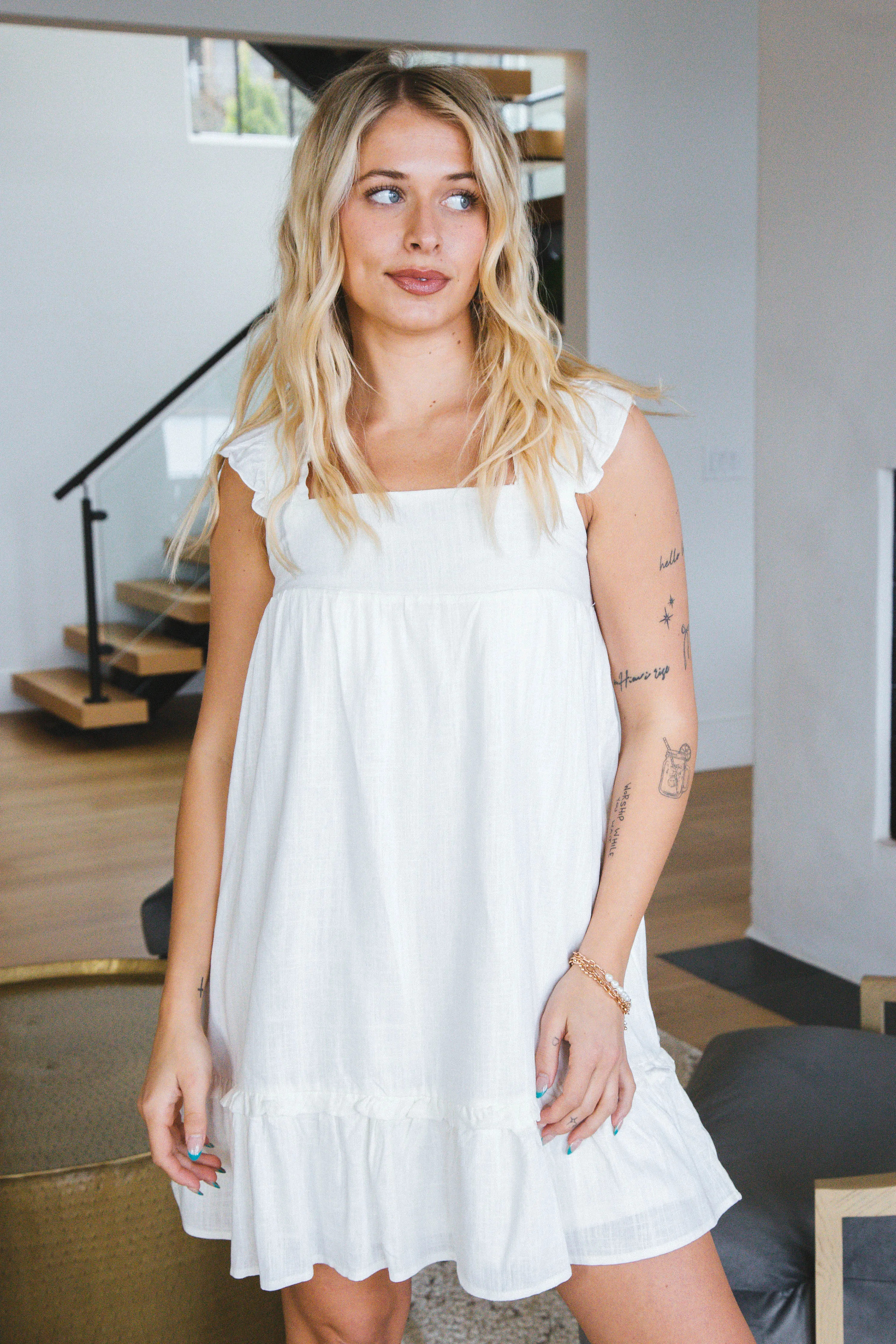 Magnolia Ruffle Square Neck Mini Dress, White sold by North & Main Clothing Company