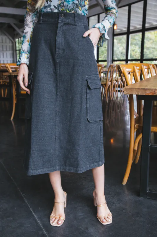 Chloe Denim Cargo Maxi Skirt, Black sold by North & Main Clothing Company