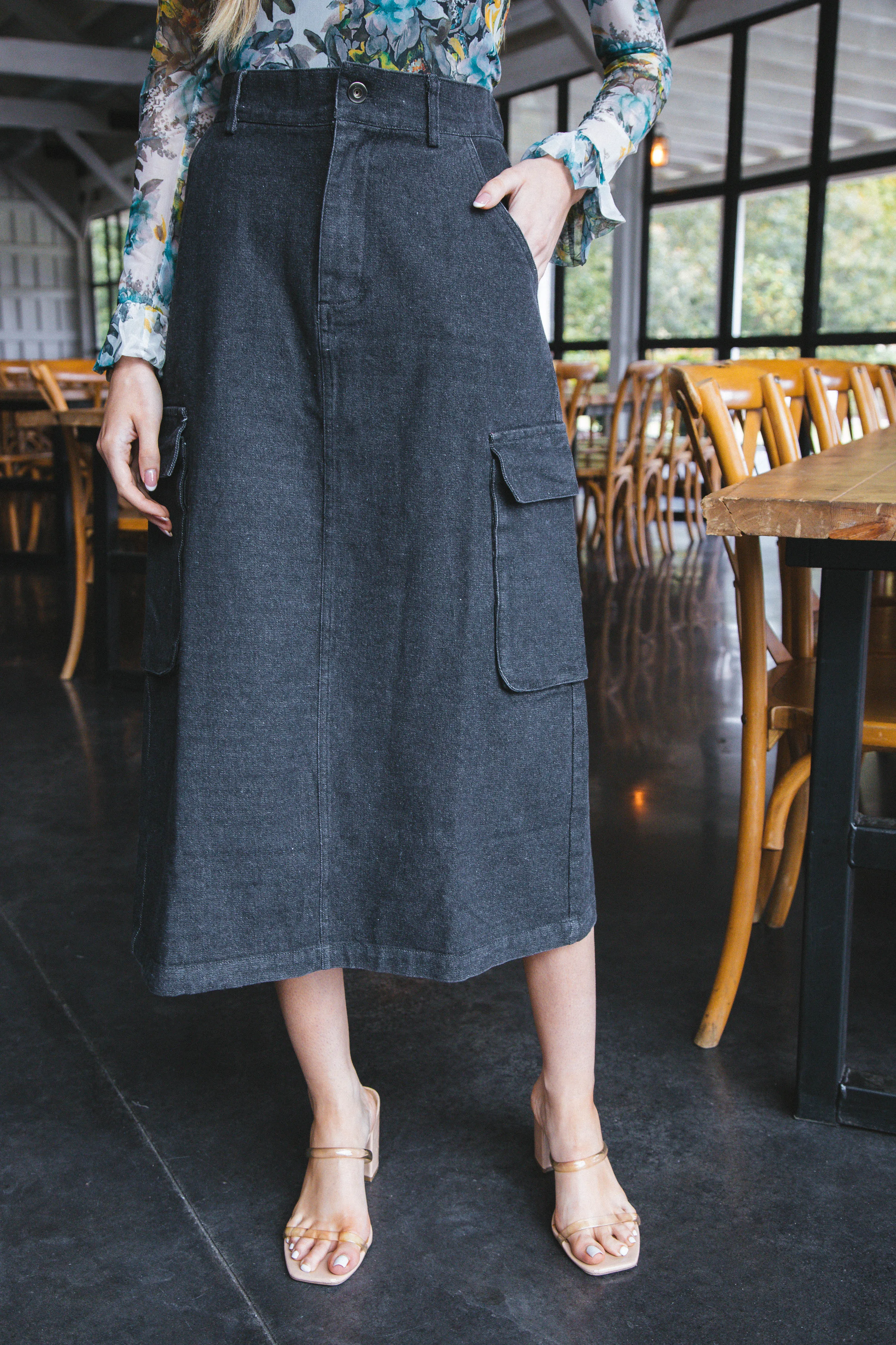 Chloe Denim Cargo Maxi Skirt, Black sold by North & Main Clothing Company