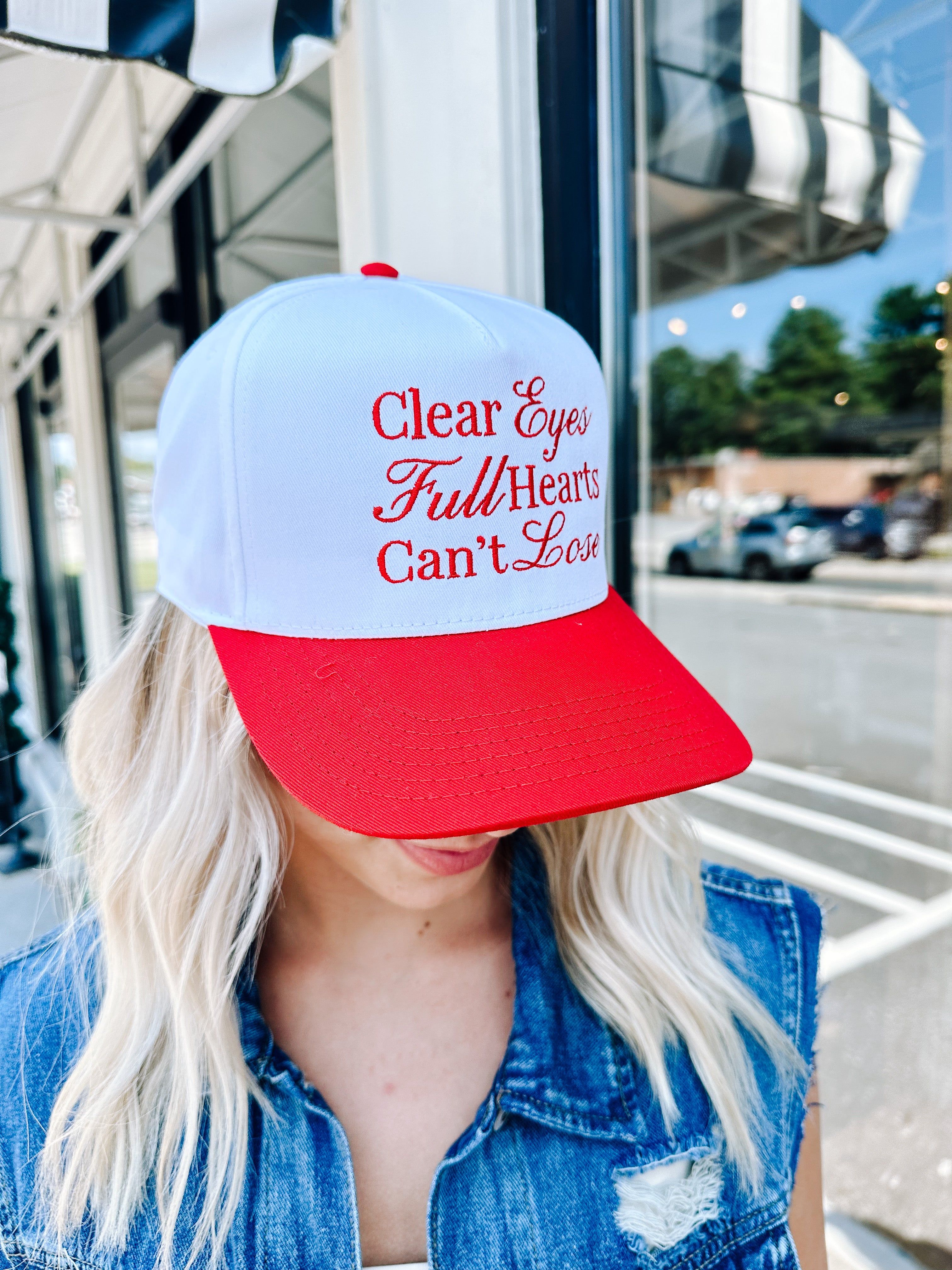 Clear Eyes Full Hearts Trucker Hat, White/Red sold by North & Main Clothing Company